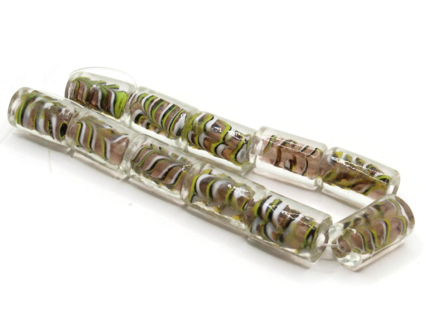 11 18mm Brown Yellow Black and White Striped Lampwork Glass Tube Beads