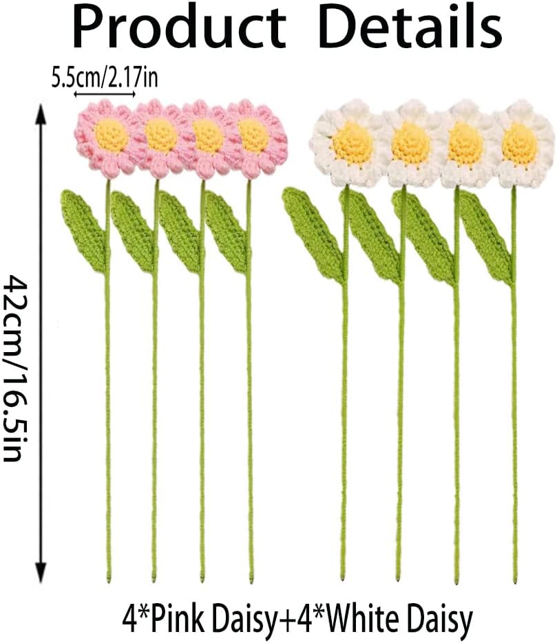 8 Pcs Summer Hand Made Knitted Fake Sunflower Daisy Artificial Flowers for Tabletop Decor Decoration Crochet Flowers