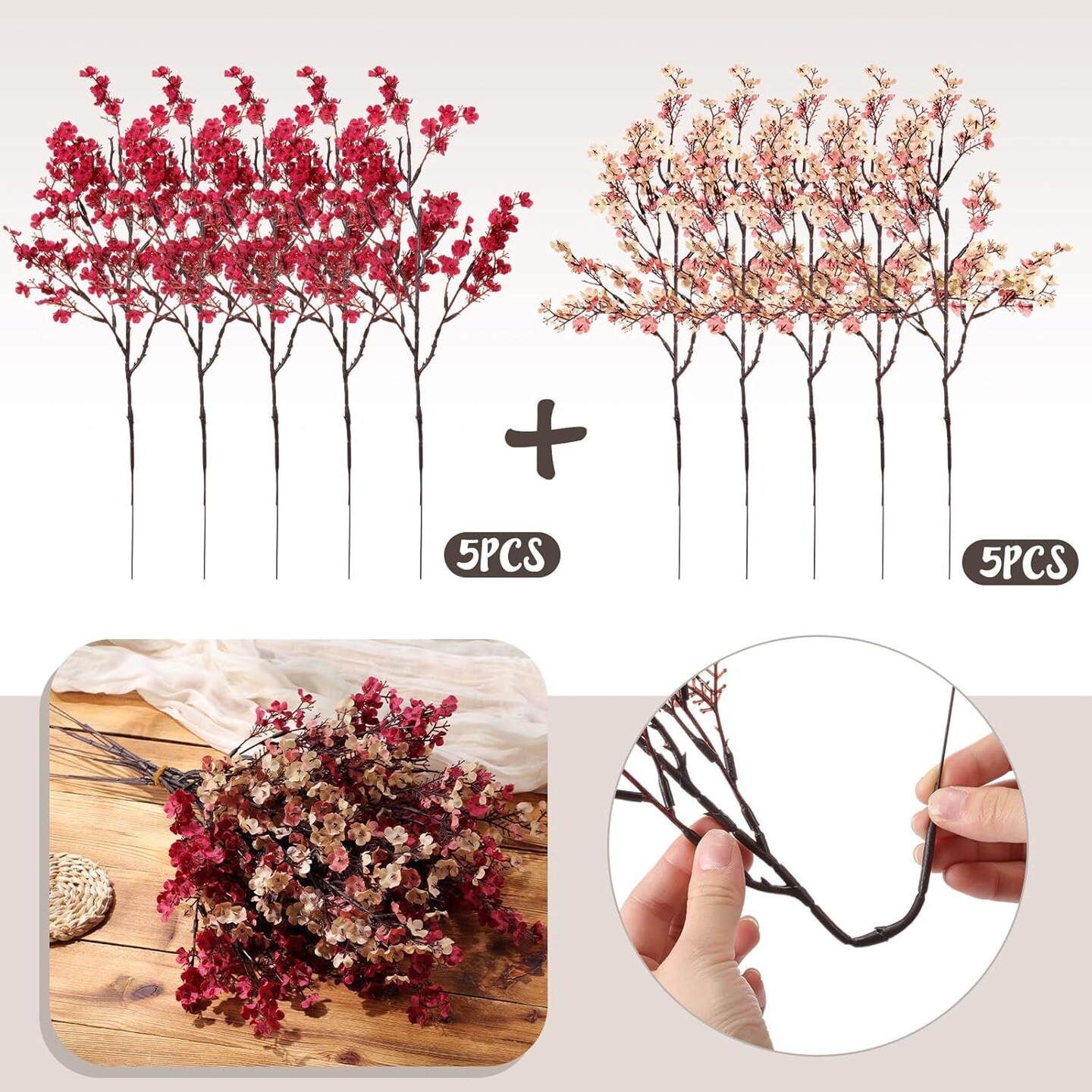 10pcs Babys Breath Artificial Flowers Bulk Faux Flowers European Silk Bouquet Vintage Floral Arrangements Farmhouse Table Centerpieces Vase Fillers for DIY Home Decor Wedding(Burgundy)