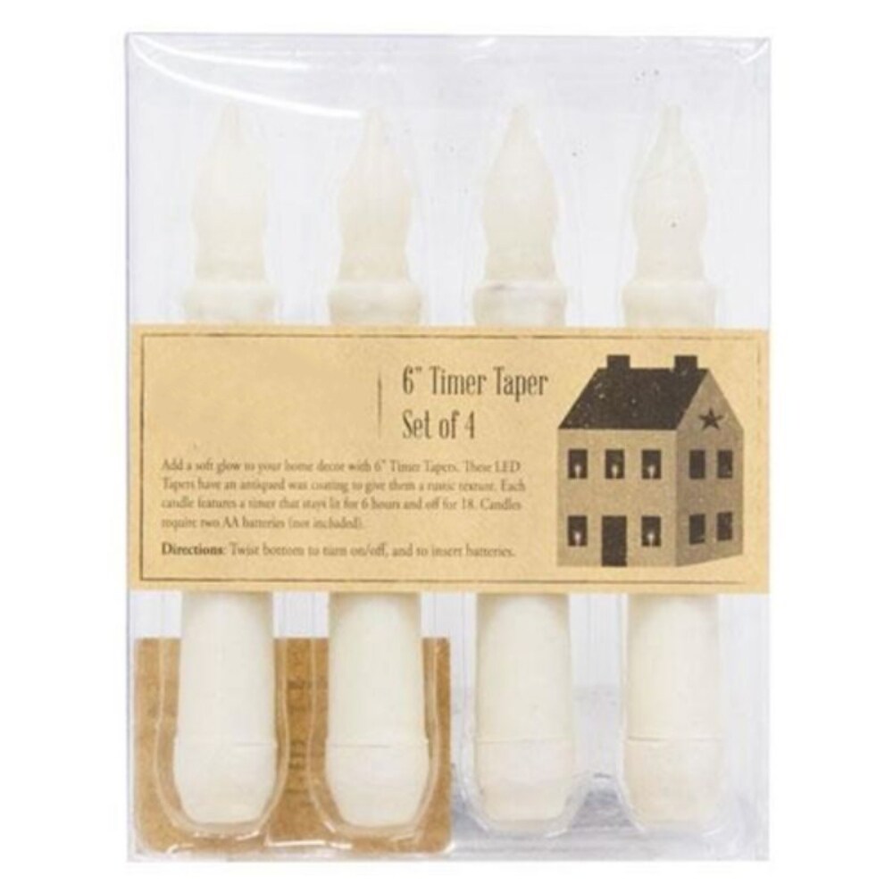 Set of 4 Ivory Timer Taper Candles &#x2013; 6 Inch Flameless LED with Rustic Wax Finish