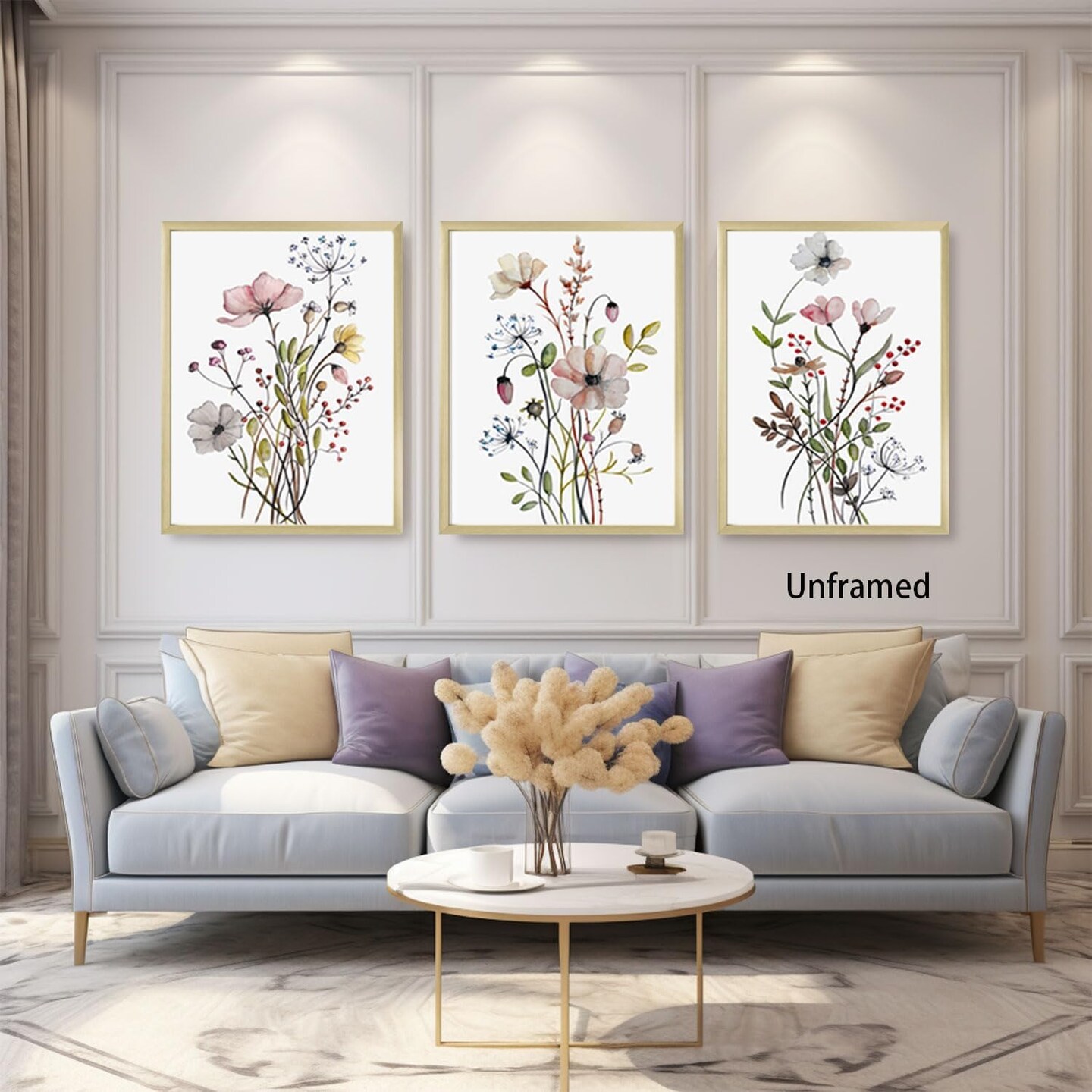 Wildflower Poster Pink Watercolor Botanical Floral Wall Art Colorful Canvas Prints Set of 3 Modern Minimalist Flower Pictures Decor Painting Bedroom Bathroom Living Room Unframed