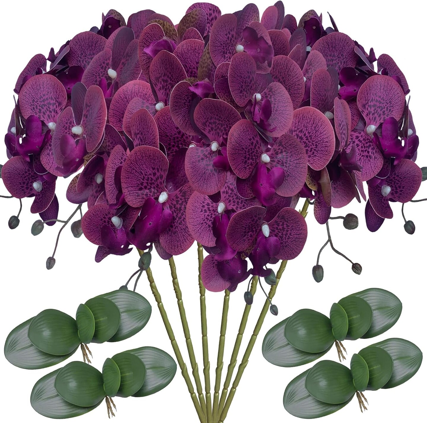6 Pcs Artificial Phalaenopsis Flowers with 4 Bundles Leaves Artificial Orchid Flowers Stem Plants for Home Décor (Purple Piebald)