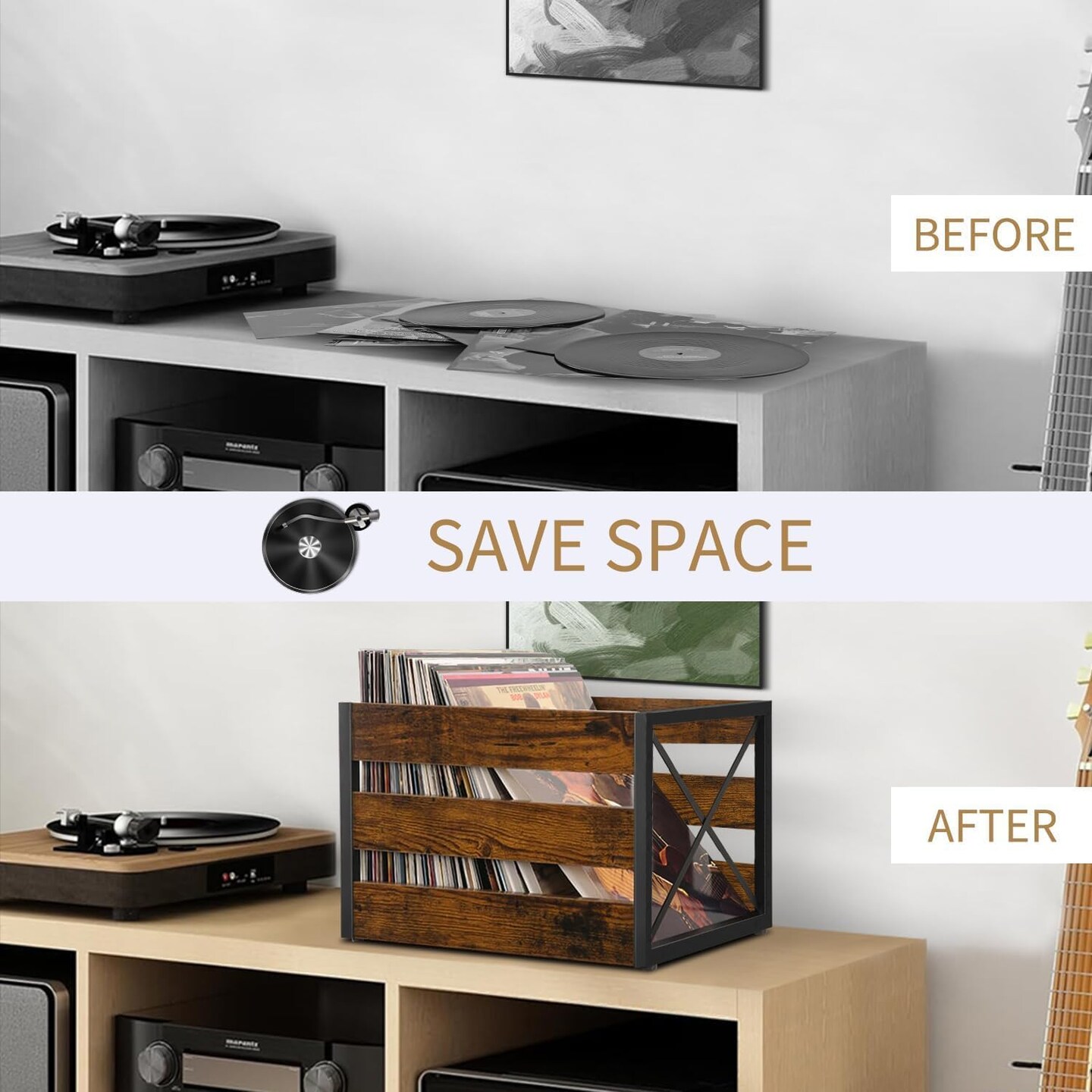 Vinyl Record Storage, Large LP Vinyl Record Storage Crate, Metal &#x26; Wooden Vinyl Record Album Holder, Cube Record Organizer Box, Holds up to 80+ Records