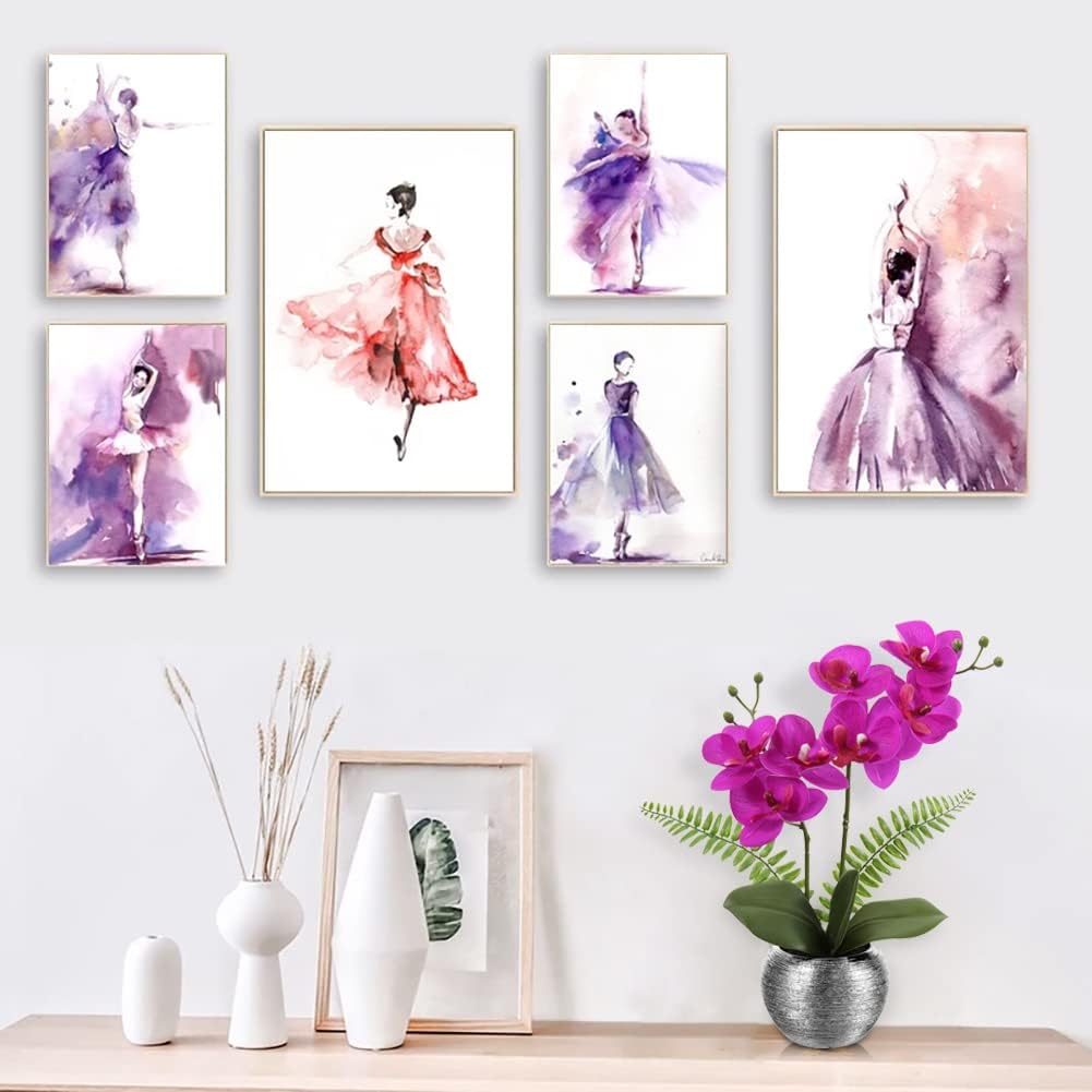 Fake Orchid Fake Flowers 13'' Purple Orchids Artificial Flowers with Silver Ceramic Vase Faux Orchid for Home Office Decor Indoor