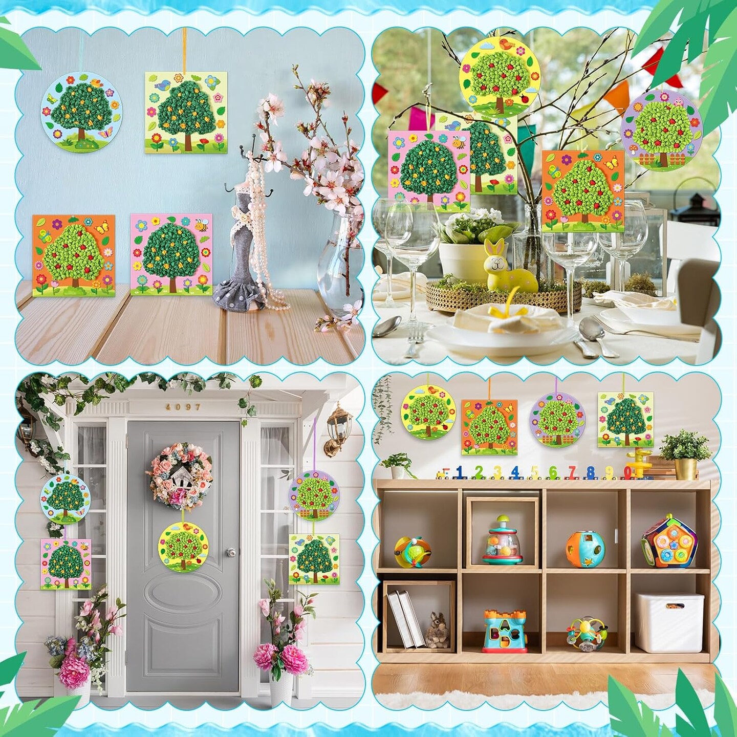 24 Packs Spring Tree DIY Craft Kits Springtime Tissue Pom Pom Paper Craft Bulk Make Your Art Crafts Hanging Ornament Crinkle Tissue Leaf Classroom Decor for Spring Party Home Activity Gifts