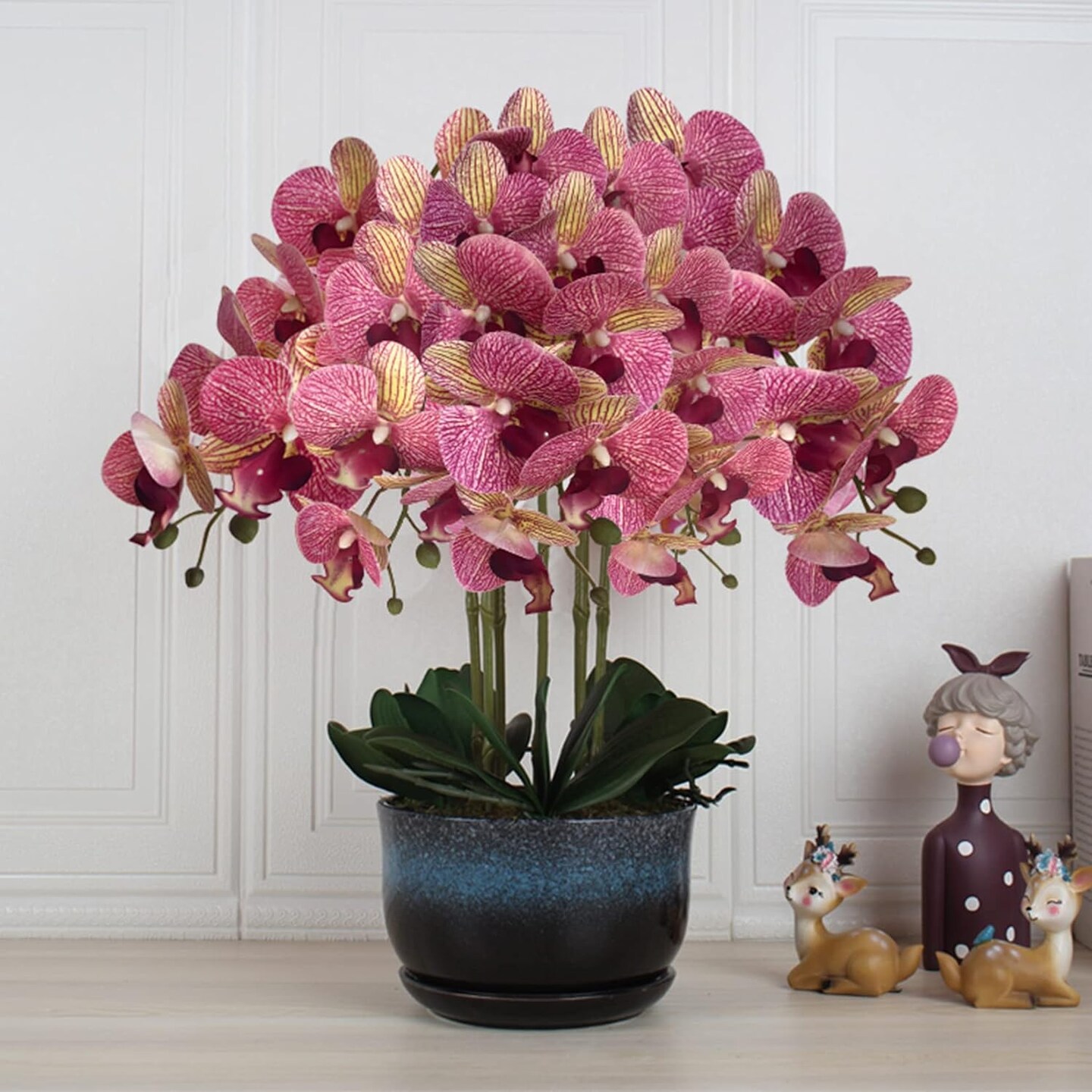 32&#x22; Artificial Phalaenopsis Flowers 4 Pcs with 2 Bundles Leaves Artificial Orchid Flowers Stem Plants Fake Butterfly Phalaenopsis Flowers for Home Wedding Party D&#xE9;cor (Purple Dapple)
