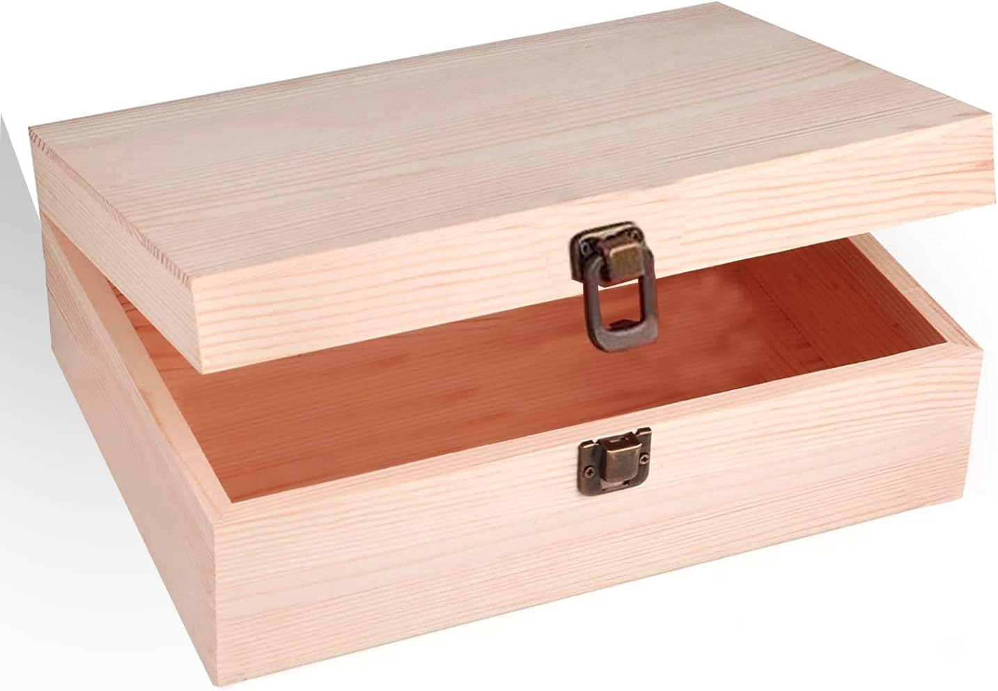 Unfinished Pine Wood Box - Large Wooden Boxes with Hinged Lid for Craft, DIY, Hobbies, Jewelry, Home Storage, 8 x 6 x 3 inch