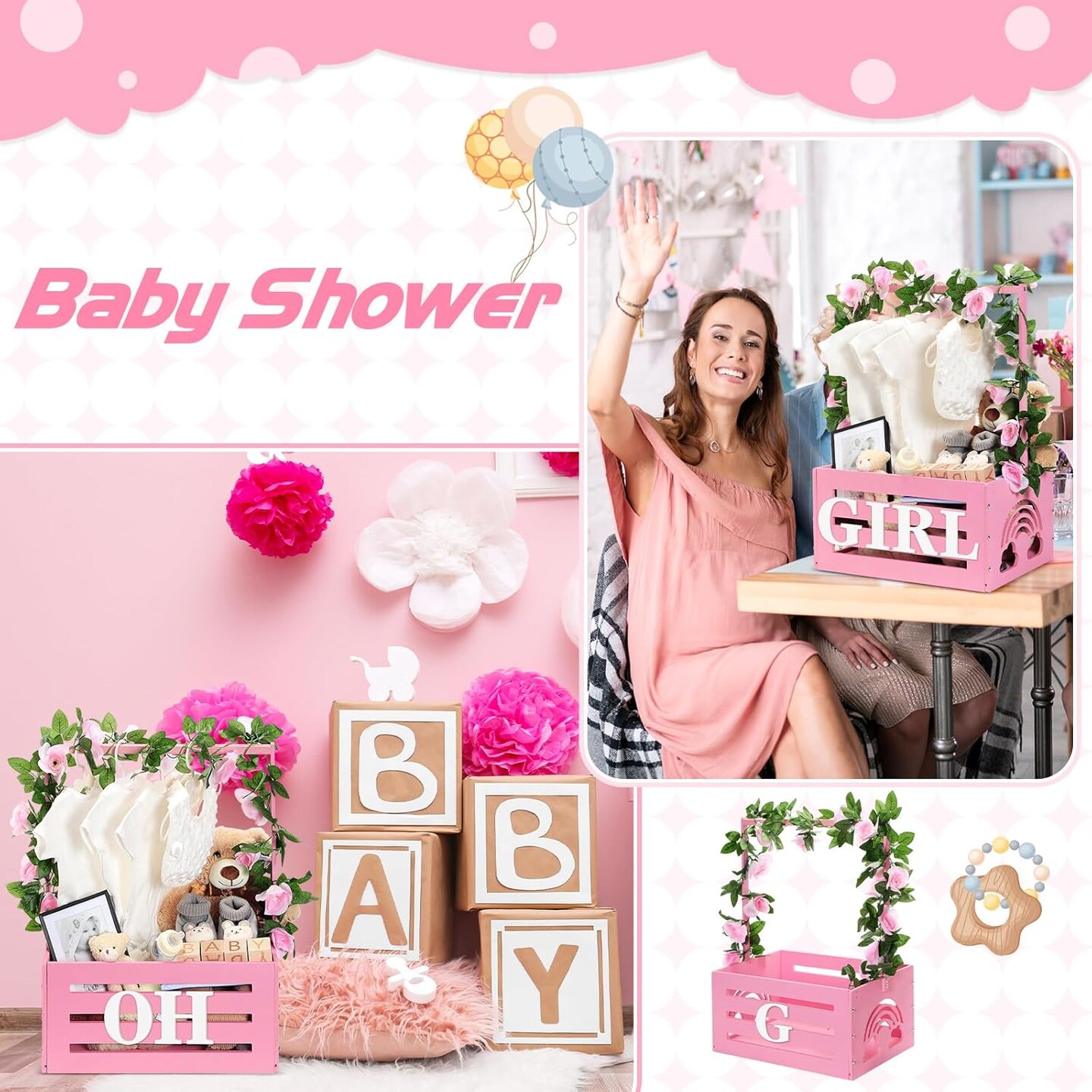 Wooden Baby Shower Crate Closet Rainbow Baby Storage Crate Hamper with Handle Garland 26 Letter Basket Baby Shower Wooden Gift Crate for Girls Boys Pregnancy Gifts for Parents (Pink)