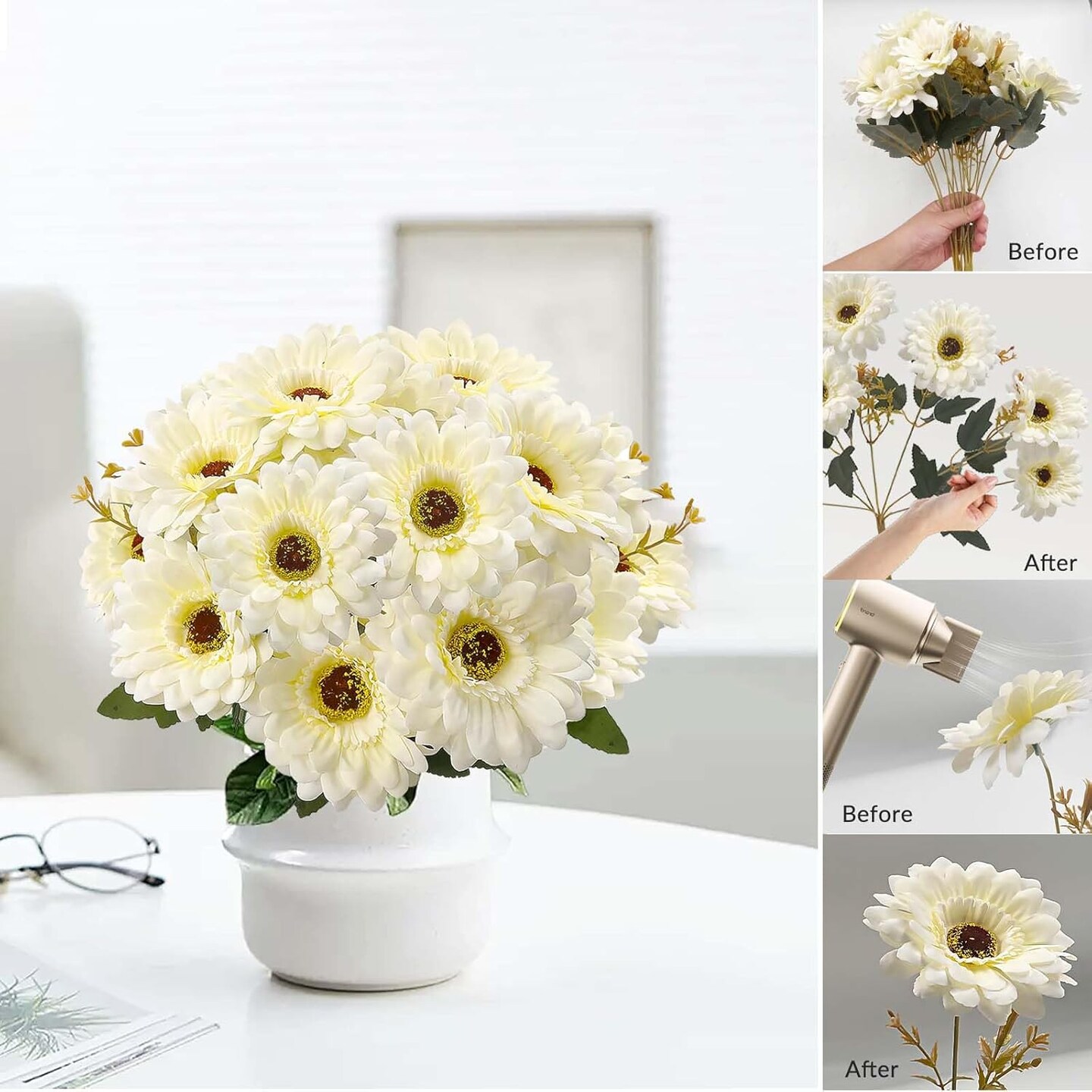 14 Summer Heads Artificial Gerbera Daisies For Tabletop Decor, 2 Bouquets Silk Daisy Flowers Artificial with Leaves &#x26; Seedling Shoots, Artificial Wild Flowers for Wedding, Party, Home Indoor Outdoor Decor