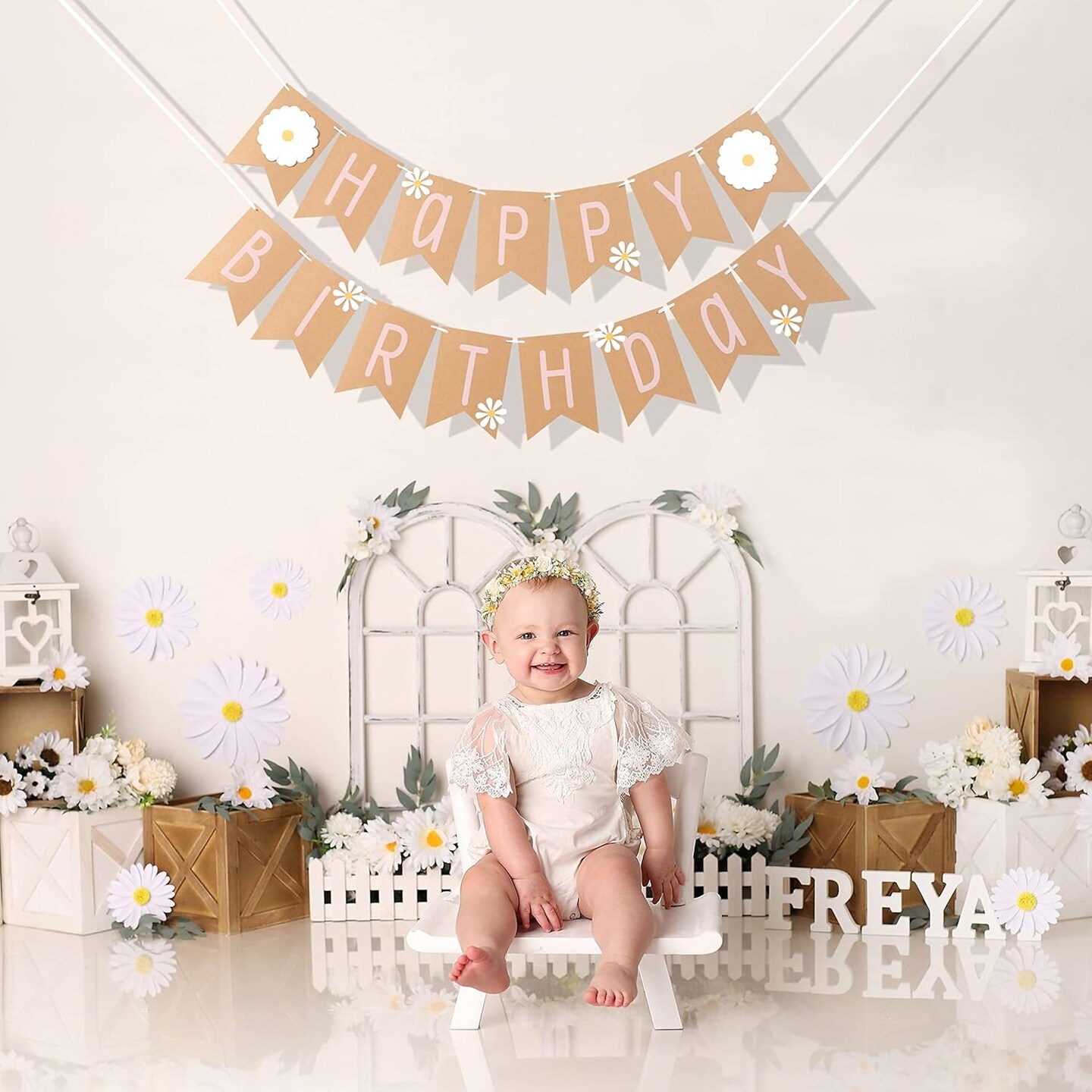 Daisy Happy Birthday Banner - Daisy Theme Birthday,Wildflower Birthday Banner, Groovy Birthday Theme for 1st Birthday, Daisy Themed Birthday Party Decoration Banne&#xFF0C;Girl 1st Birthday Decoration