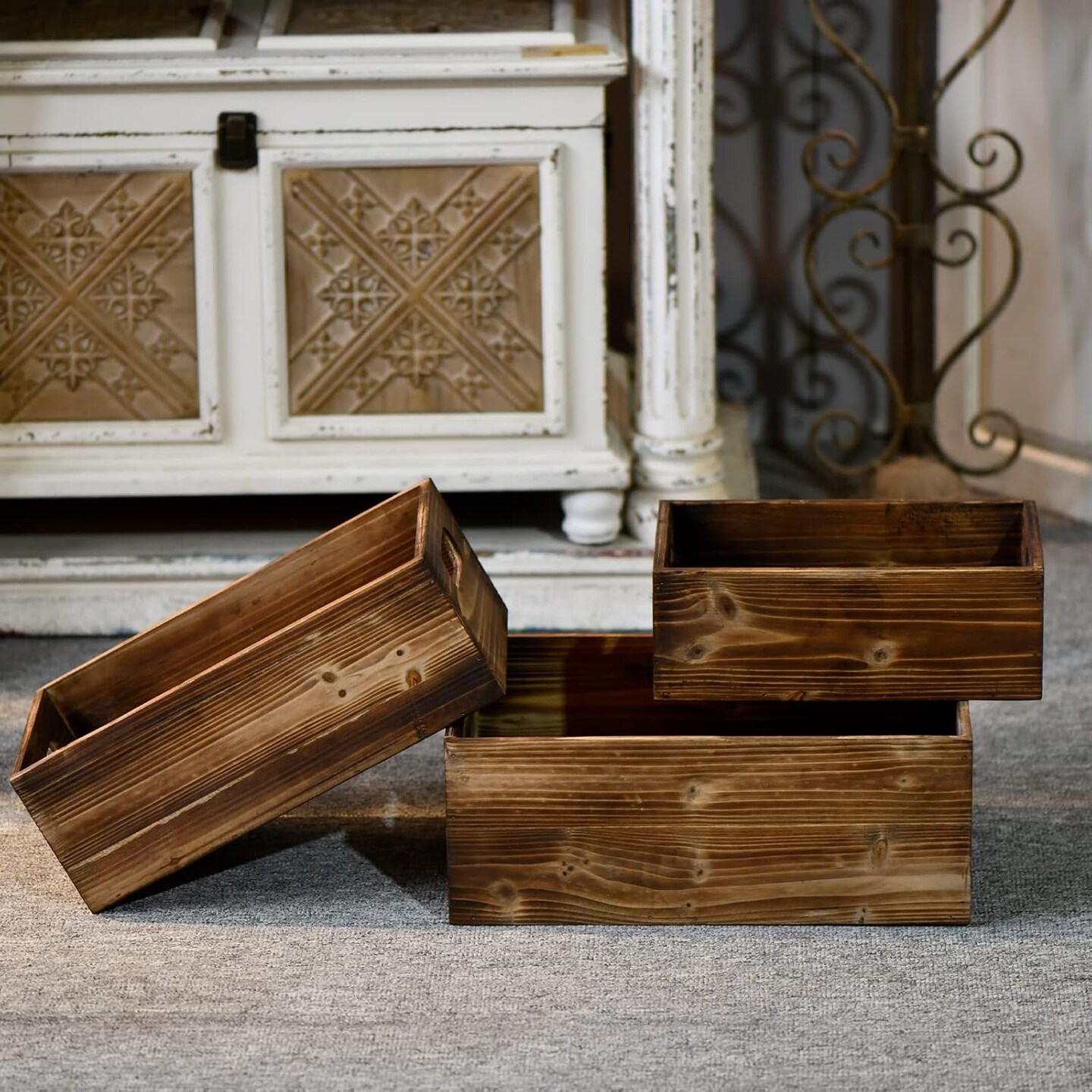 Farmhouse Wood Crate Box Set of 3, Distressed Wooden Crates for Display, Decorative Wood Storage Bins, Rustic Wooden Basket with Side Handles, Home Container Decor for Living Room Outdoor