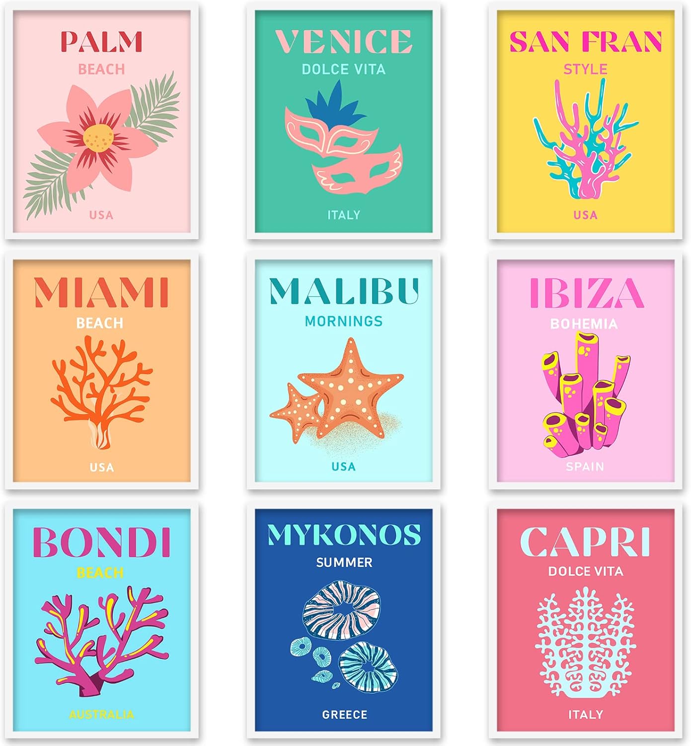 9Pcs Preppy Travel Wall Art Prints Colorful Abstract Aesthetic Preppy Room Decor Minimalist Art Poster Decor for Teen Girls Bedroom Pink College Dorm Room Posters(UNFRAMED 10x12in)