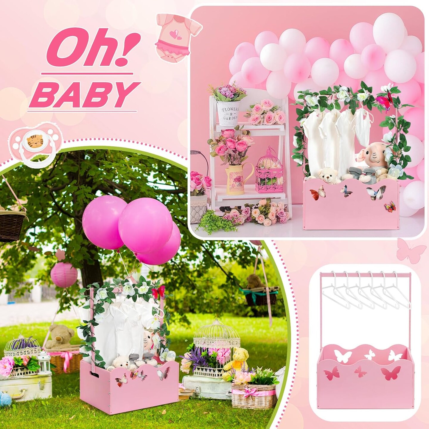 Wooden Crate for Baby Shower Storage Crate Basket with Handle Baby Registry Hamper Pregnancy Gift for New Parent(Pink,Butterfly)