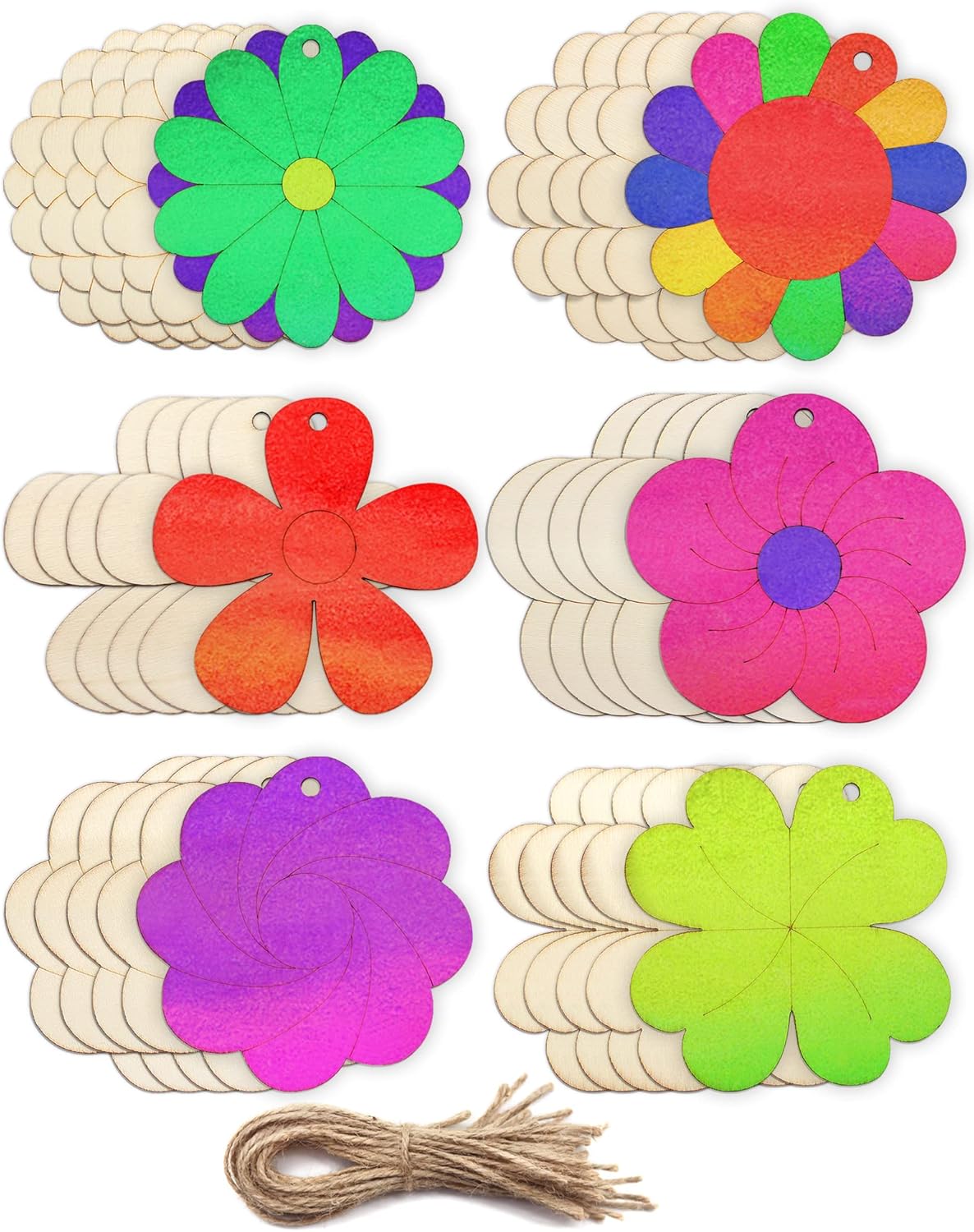 30 Pieces Flowers Wood Cutouts Floral Wooden Slices 3 inch Unfinished Blank Wood Ornaments Flower Embellishments for Painting DIY Projects Decoration(6 Flower Styles with 30 Hanging Strings)