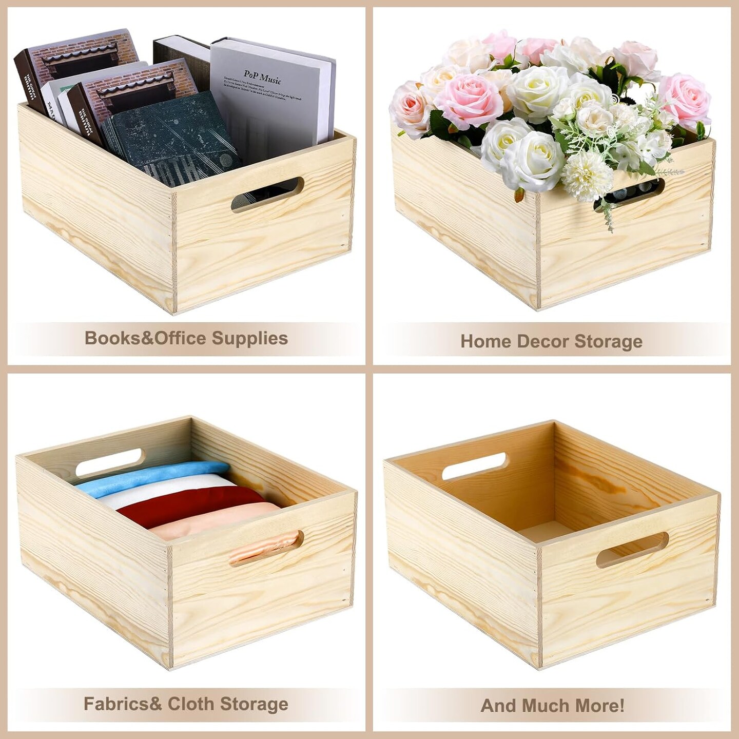 Large Wooden Box with Hand Holes, 15 x 12 x 7 Inches Unfinished Pine Wood Box for DIY Craft Arts Hobbies and Home Storage
