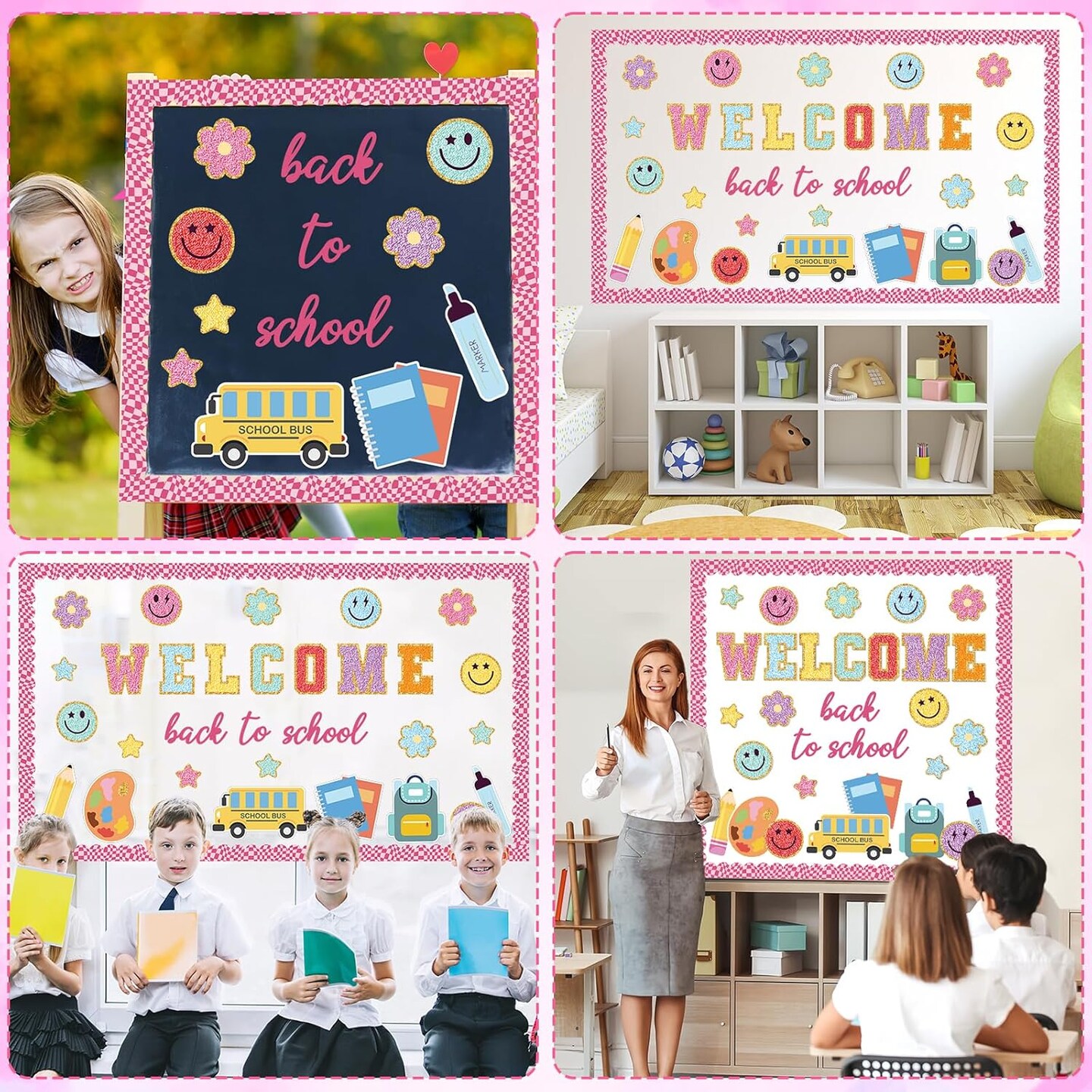 Welcome Back to School Bulletin Board Set - Boho Groovy Classroom Decorations - 46 Pcs Preppy Patch Pencil, Bus & Book Cutouts for First Day of School, Party, Wall & Door Decor