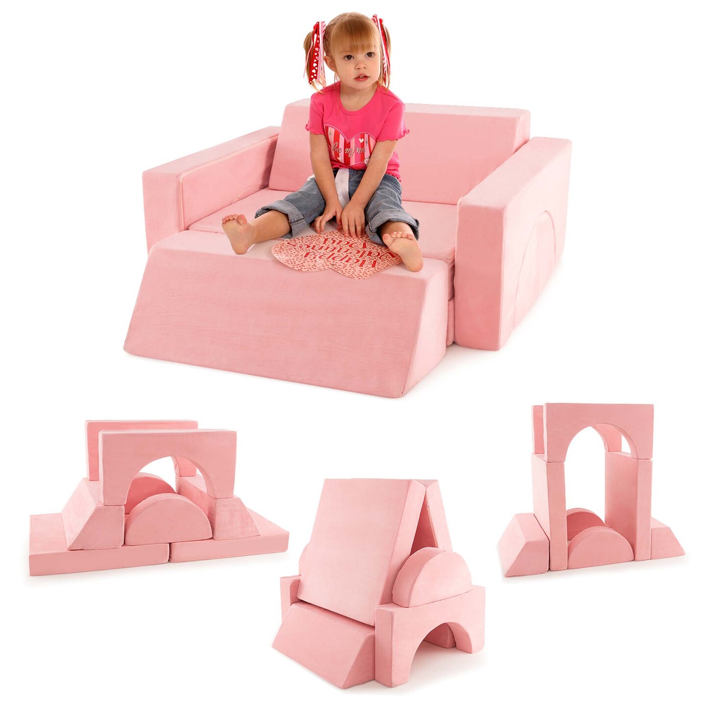 Costway Kids Modular Play Sofa 8 PCS with Detachable Cover for Playroom & Bedroom Indoor Pink/Grey