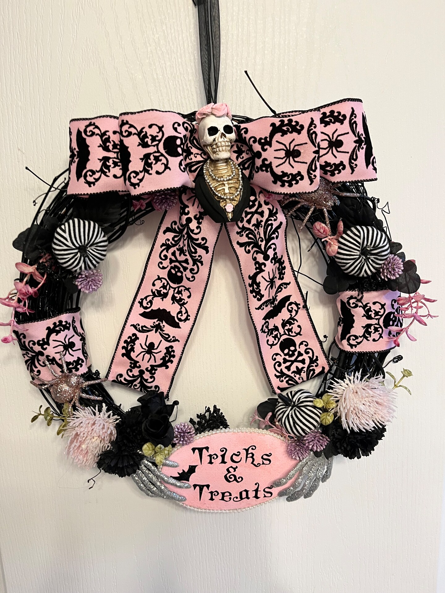 Pink Halloween Skeleton Wreath; Gothic Skeletons and Skulls
