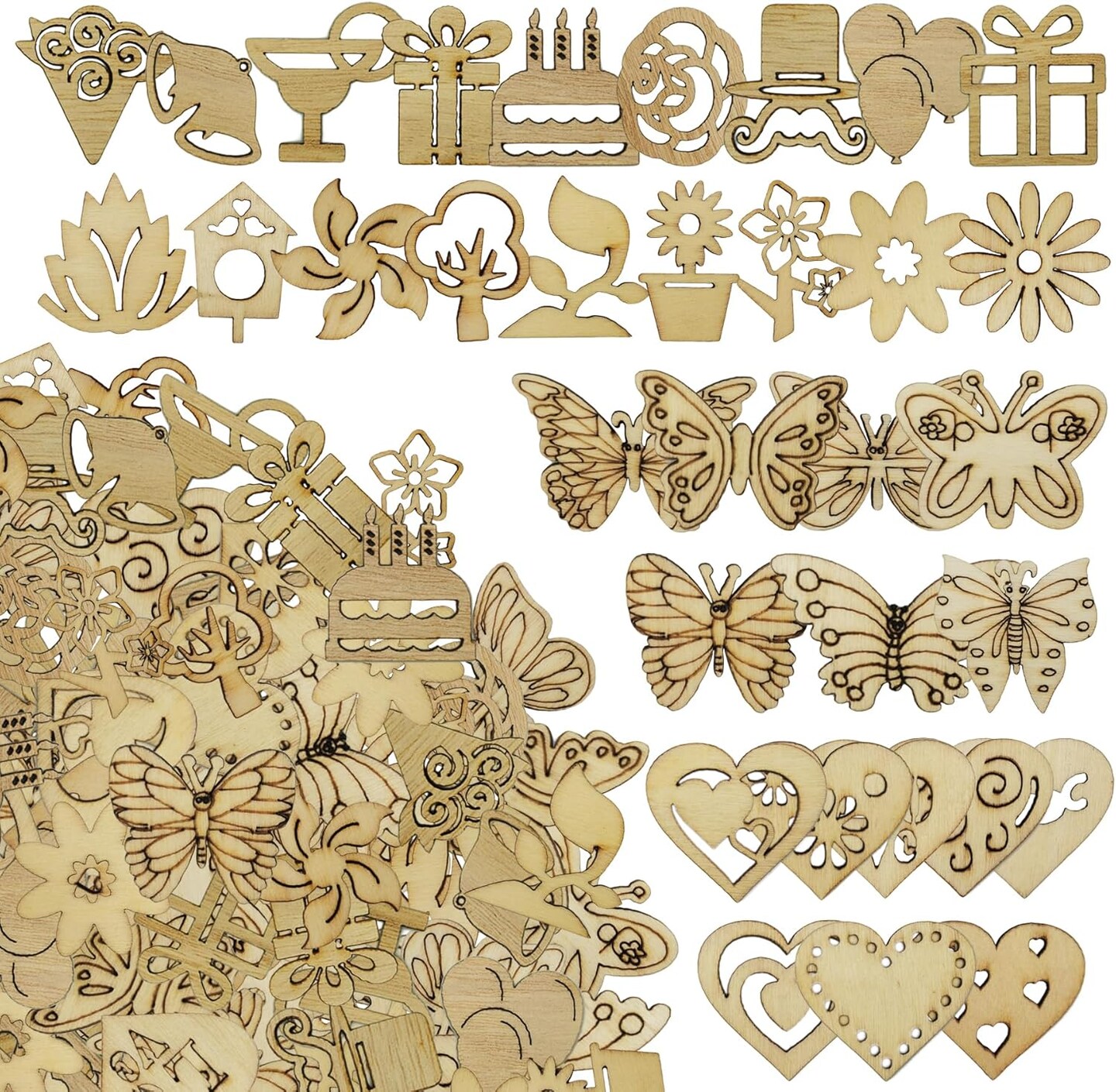 200Pcs Hollow Wood Pieces Unfinished Wooden Vintage Embellishments (Mix)