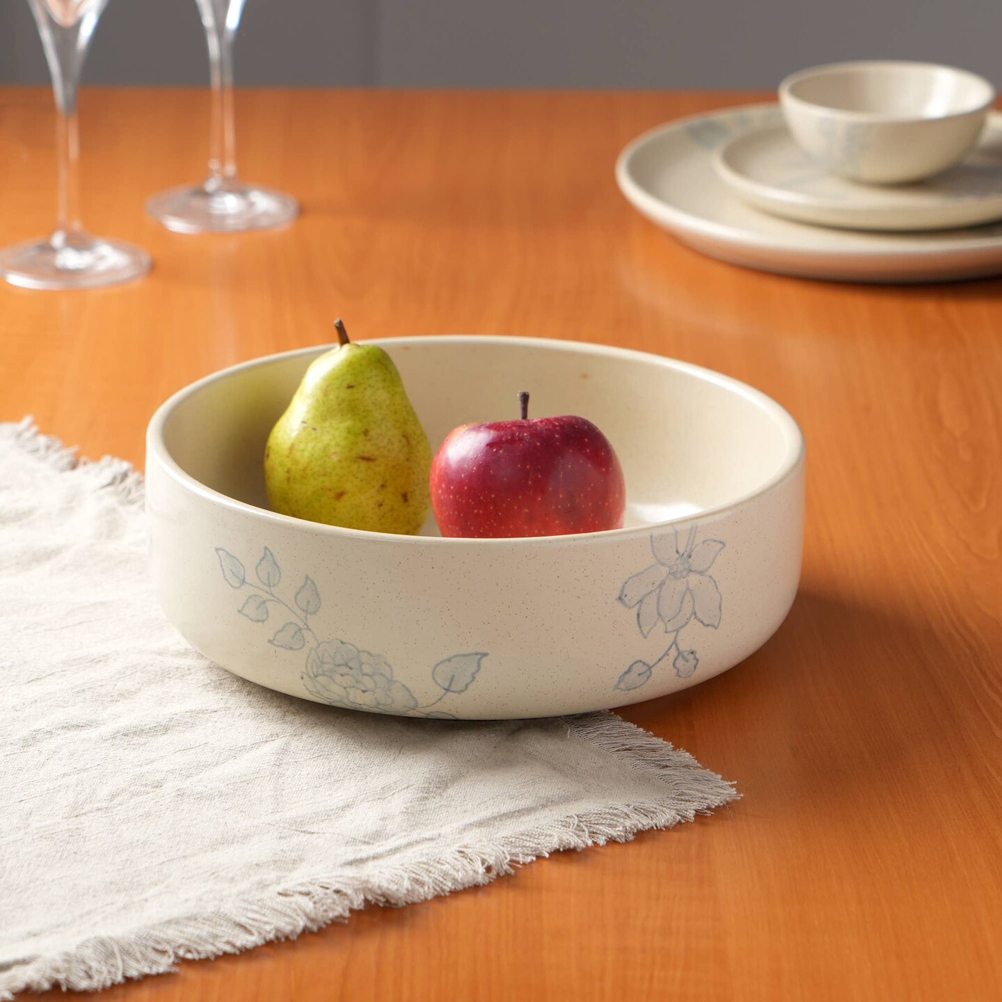 Off-White Ceramic Printed Serving Bowl &#x2013; Elegant Pasta Bowl for Stylish Dining