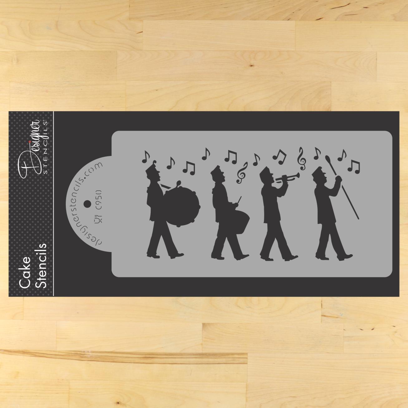 Marching Band Cake Stencil | C950 by Designer Stencils | Cake Decorating Tools | Baking Stencils for Royal Icing, Airbrush, Dusting Powder | Reusable Plastic Food Grade Stencil for Cakes | Easy to Use &#x26; Clean Cake Stencil