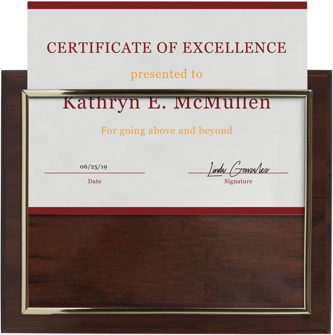 10.5 x 13&#x22; Certificate Display Plaque - Offered in Coated Cherry Wood with an 8.5 x 11&#x22; Gold Frame - Slide in Your Diploma, Award Certificate, Award of Achievement, Class Photo, and More