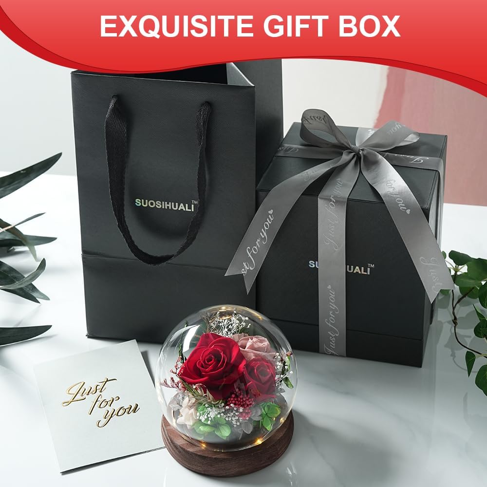 Preserved Flowers in Glass Dome, Long-Lasting Eternal Roses Birthday Gifts for Women Mom Grandma Wife Girlfriend Forever Flowers for Delivery Prime