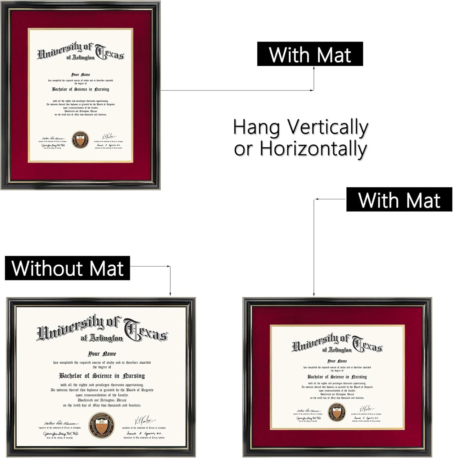 11x14 Diploma Frame with Red over Gold Mat or Display 15x18 Certificate without Mat,Solid Wood &#x26; UV Protection Acrylic,Glossy Black Finish with Gold Trim