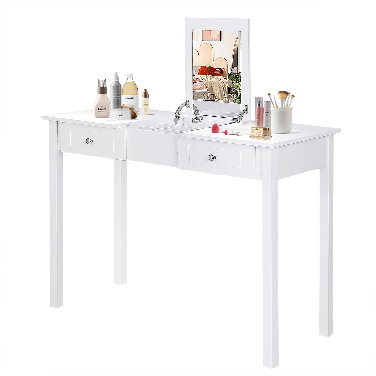 Costway Vanity Table Dressing Table Flip Top Desk Furniture White