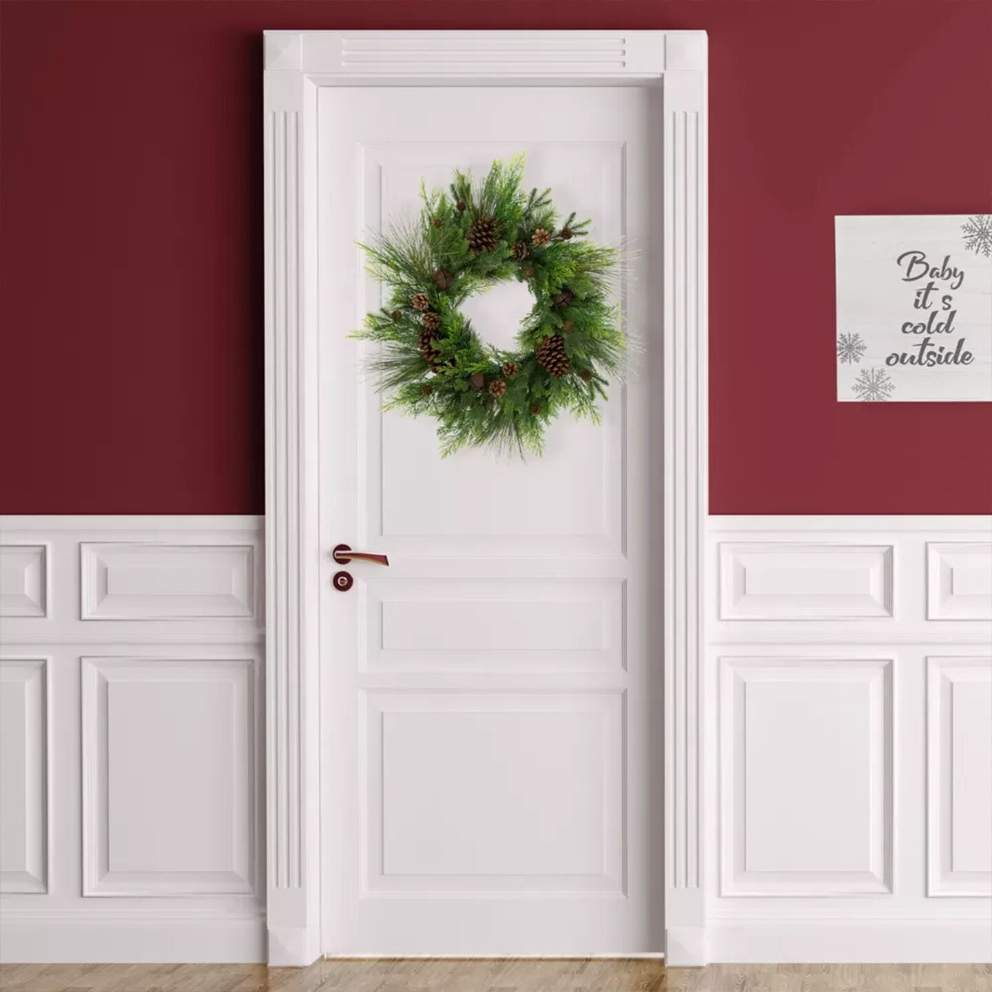 Real Touch Pinecones and Jingle Bells Artificial Christmas Wreath 26 Inch