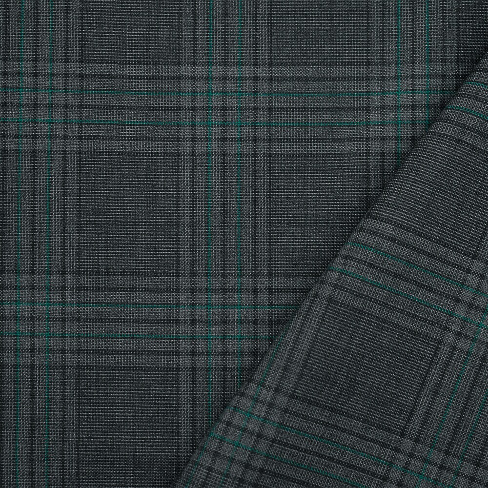 Gray-Black-Green Polyester Wool Blend Plaid Woven Shirting Fabric By the Yard