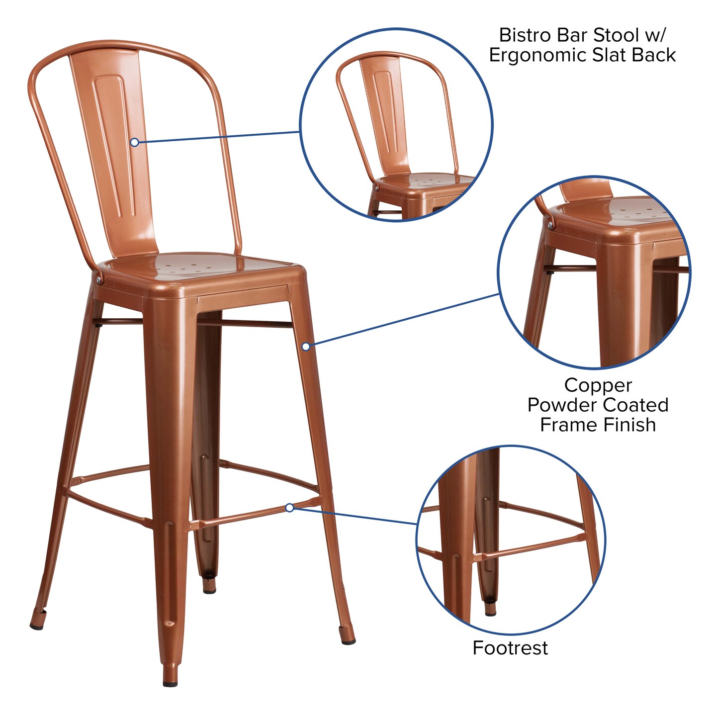 Merrick Lane Sabine Metal Indoor-Outdoor Barstool with Vertical Slat Back and Integrated Footrest