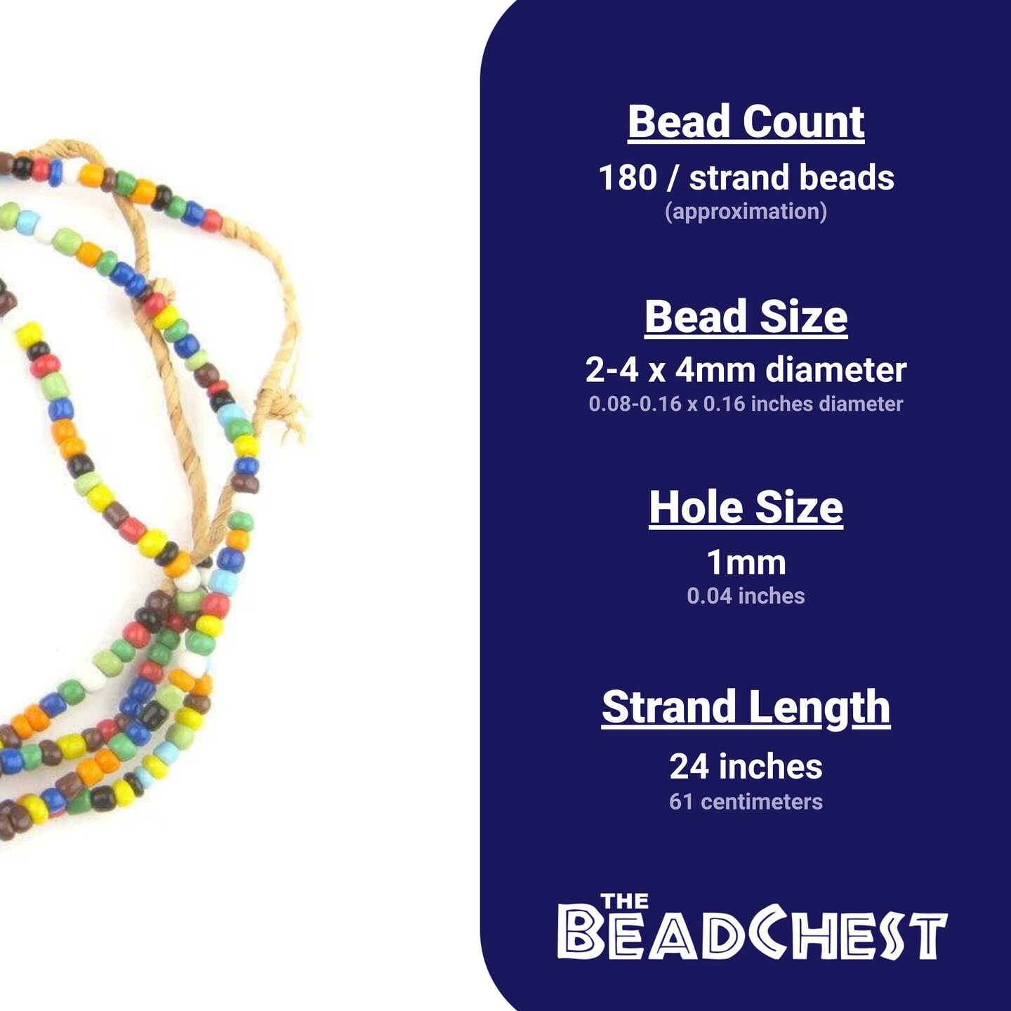 The Bead Chest Atuanya Rainbow Beads 2 strands 4mm Ghana African Multicolor Seed Glass 24 Inch Strand Handmade