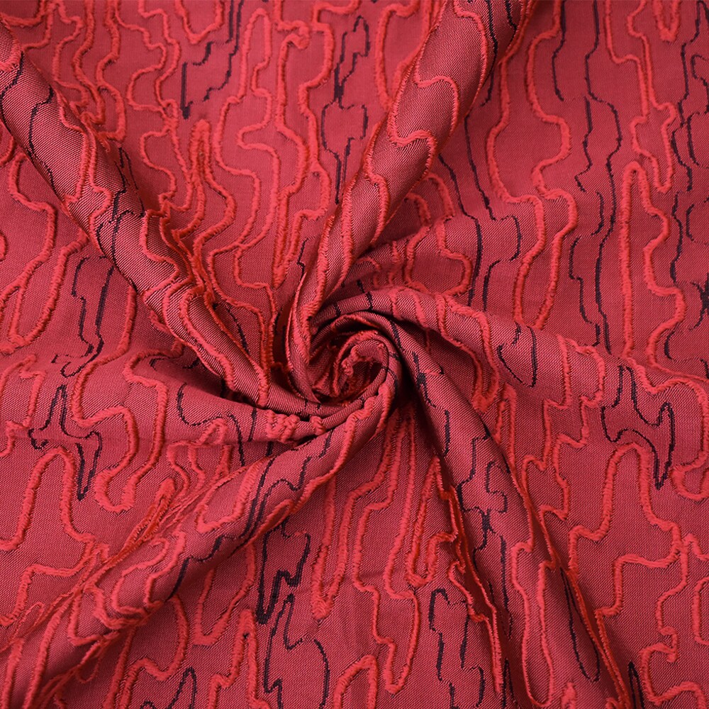 Red-Black Polyester Abstract Embroidered Jacquard Woven Fabric By the Yard