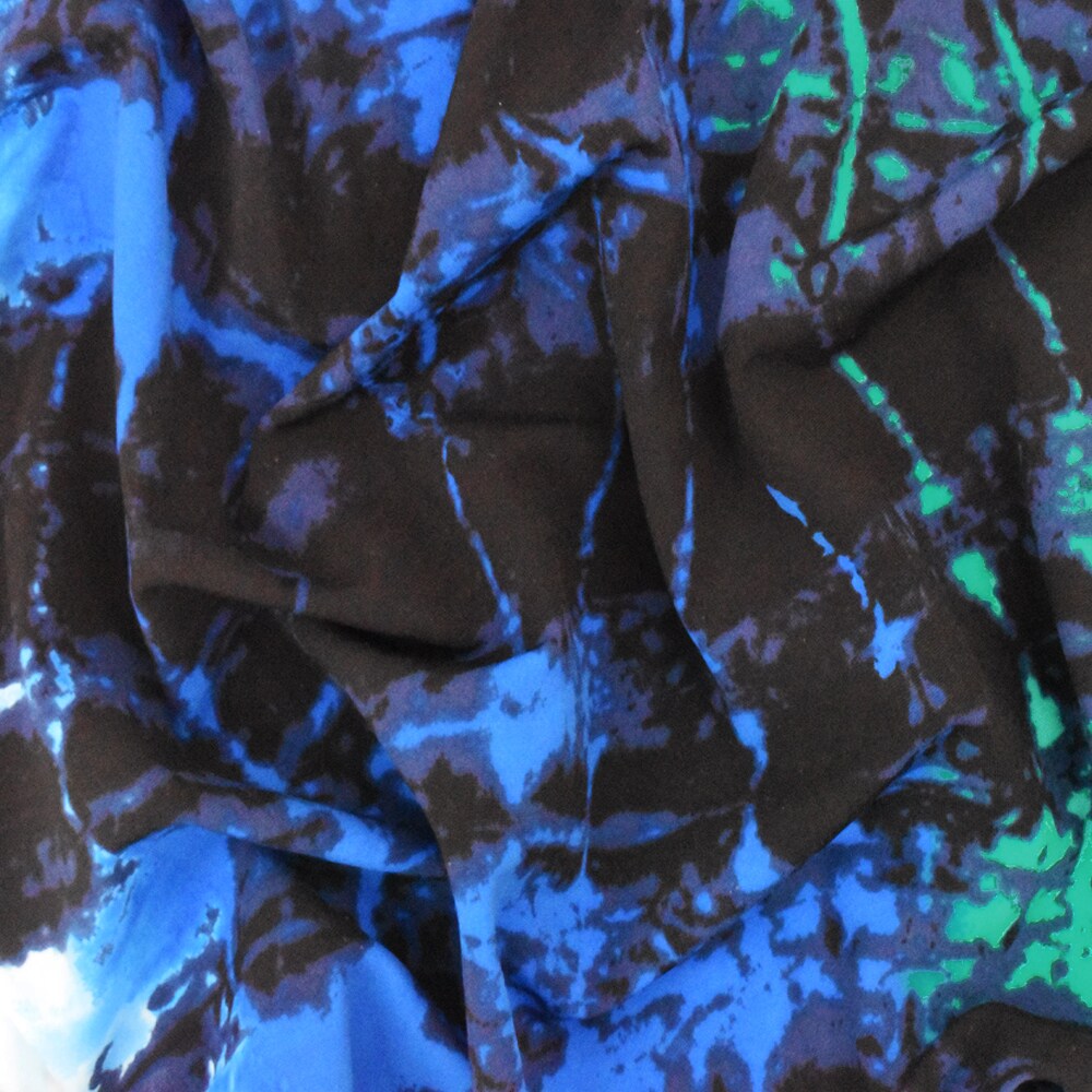 Turquoise-Navy Abstract Tie Dye Printed Swimwear Stretch Tricot Fabric By the Yard