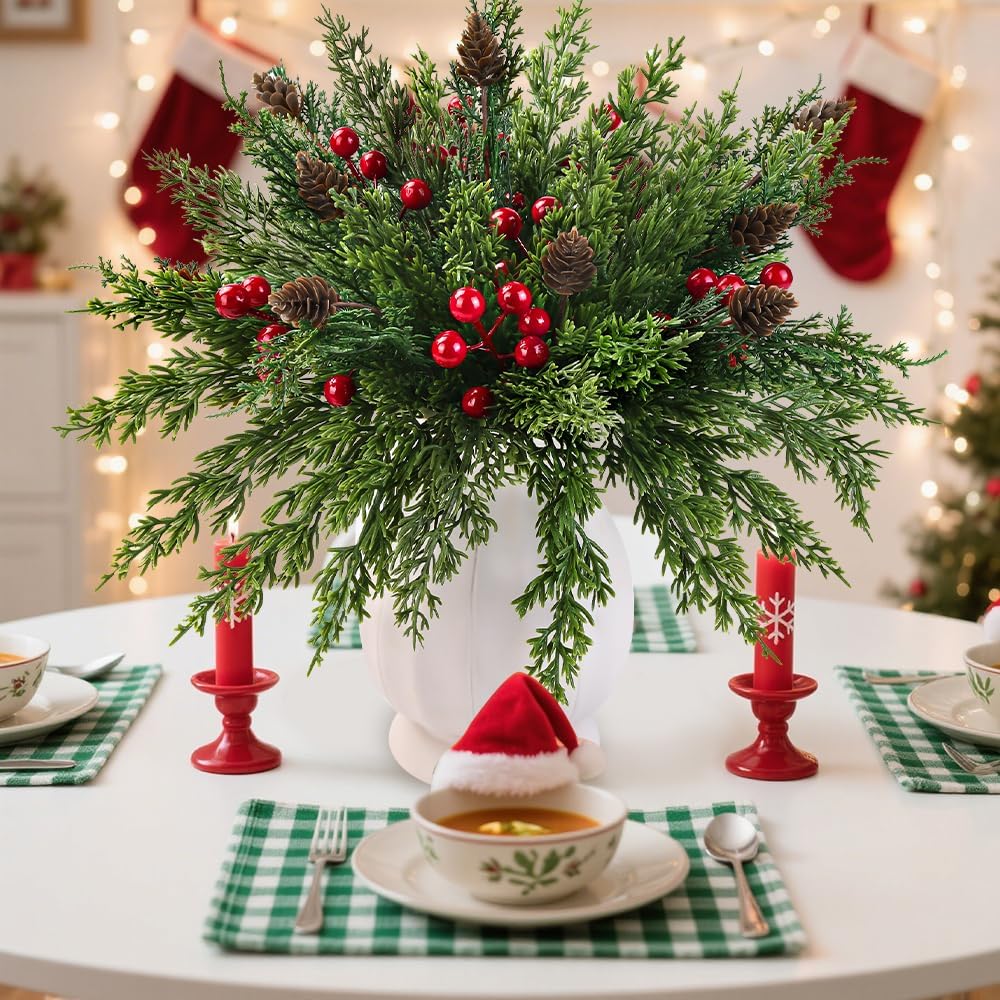 60 Pcs Christmas Artificial Pine Branches Red Berry Stems and Pine Cones (Green and Red) 3.9&#x22;D x 11.8&#x22;W x 4.3&#x22;H