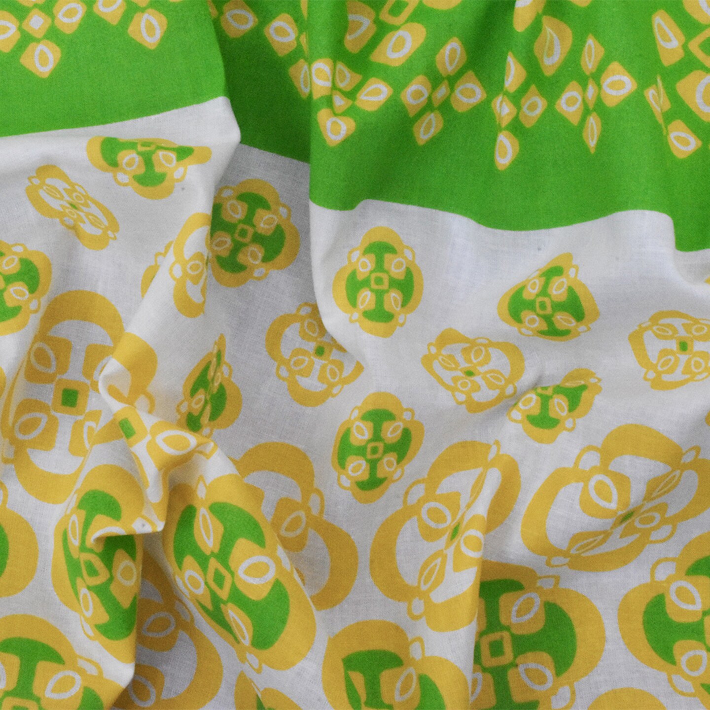 Ivory-Yellow-Green Striped Quatrefoil Printed Cotton Voile Woven Fabric By the Yard
