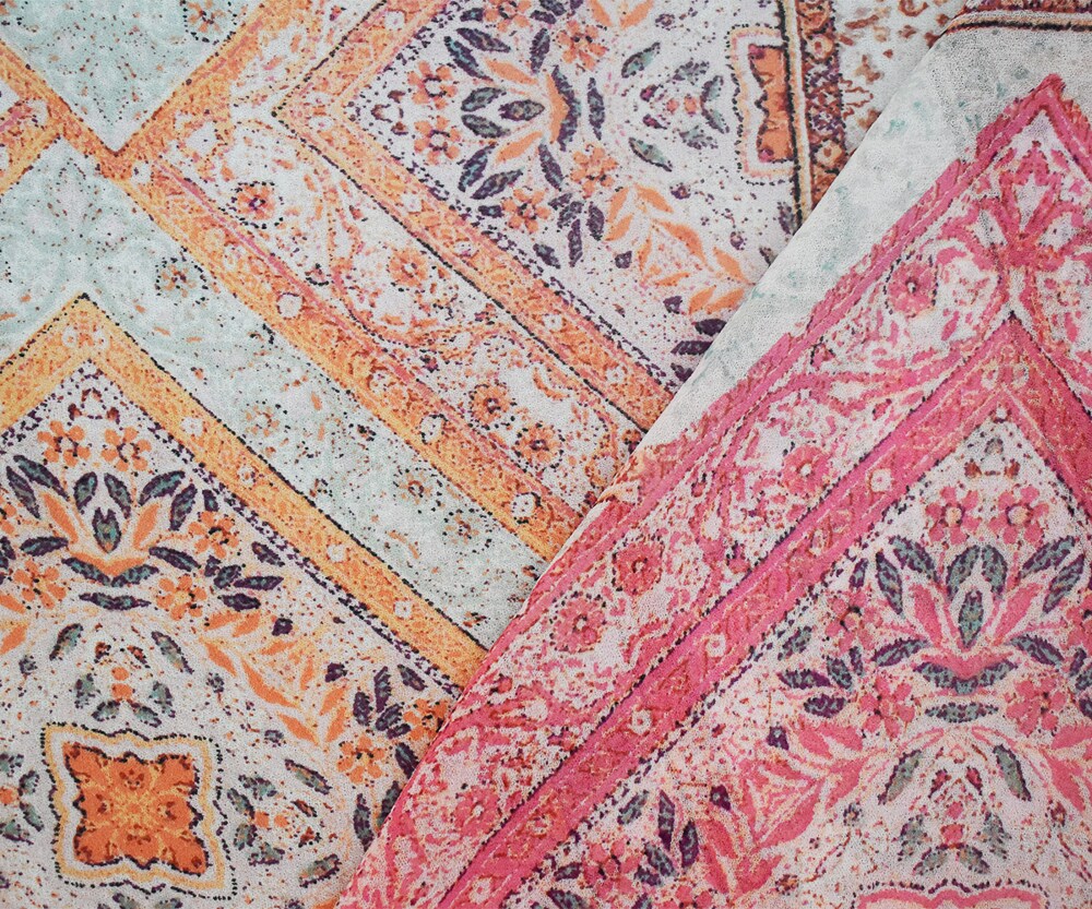 Orange-Pink-Multi Moroccan Bandana Printed Poly Chiffon Woven Fabric By the Yard