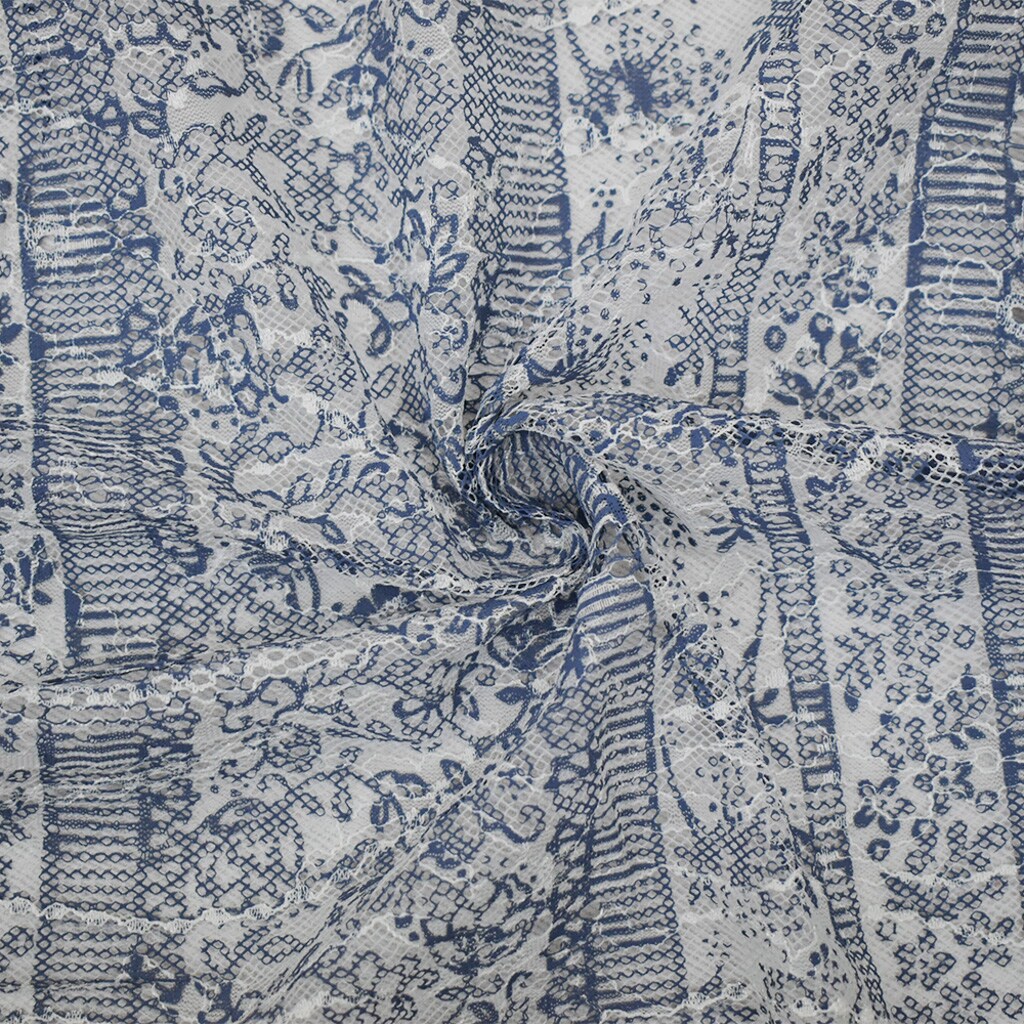 White-Blue Nylon Rayon Floral Stripe Printed Lace Mesh Knit Fabric By the Yard