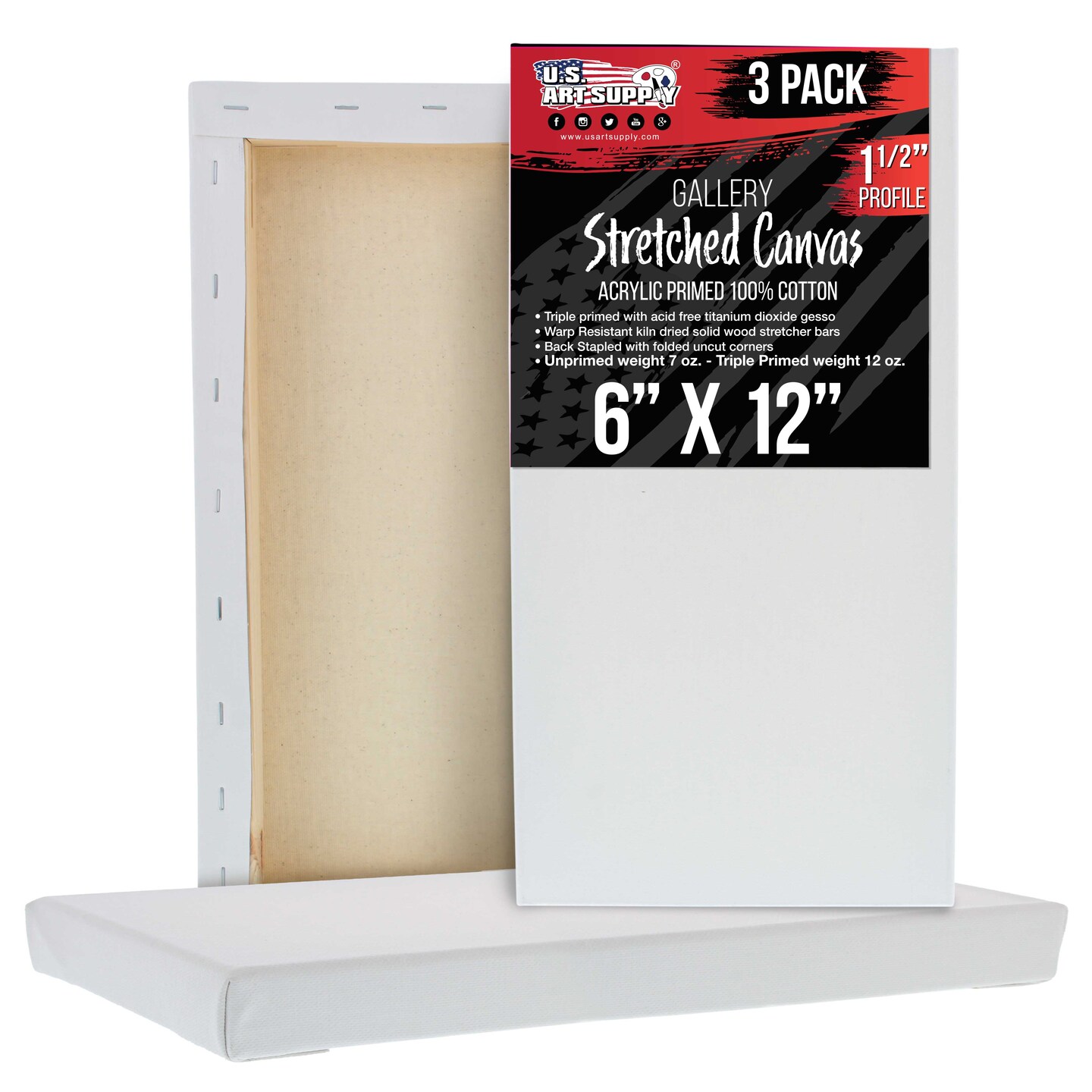 Long Stretched Canvas for Painting 6x12 inch Gallery Depth 1-1/2&#x22; Thick, 3-Pack - 12oz Acrylic Gesso Triple Primed, Professional Artist Quality, 100% Cotton - Pouring, Oil Paint