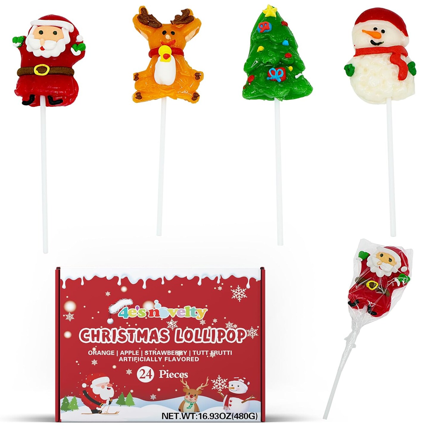 4E's Novelty Christmas Lollipops Bulk 24 Pack Assortment - Santa, Reindeer, Snowman Suckers for Kids Holiday Lollipops Parties, Christmas Candy Gifts Bulk, Individually Wrapped Mixed Fruit Flavors