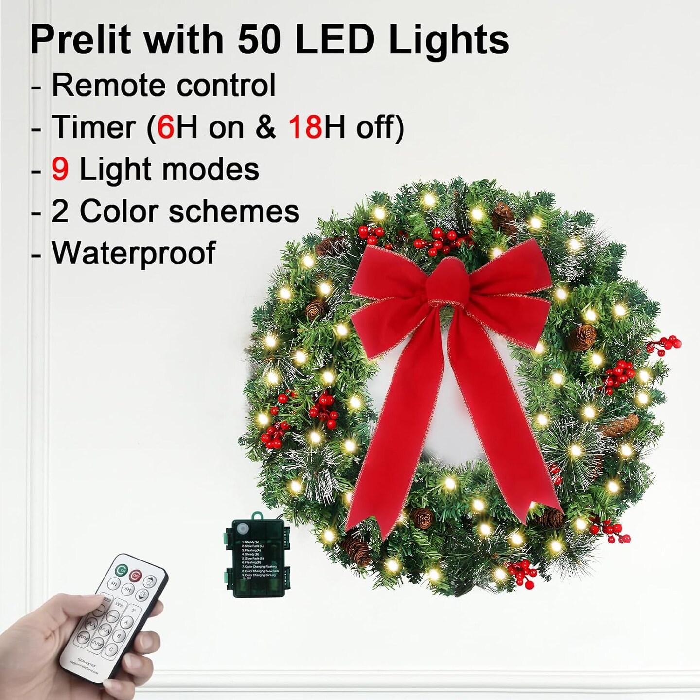 24in Prelit Christmas Wreath with Lights Timer and Remote (Warm White&#x26; Colorful) 3&#x22;D x 24&#x22;W x 24&#x22;H