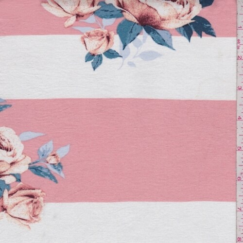Salmon/White Floral Stripe Rayon Jersey Knit Fabric By the Yard