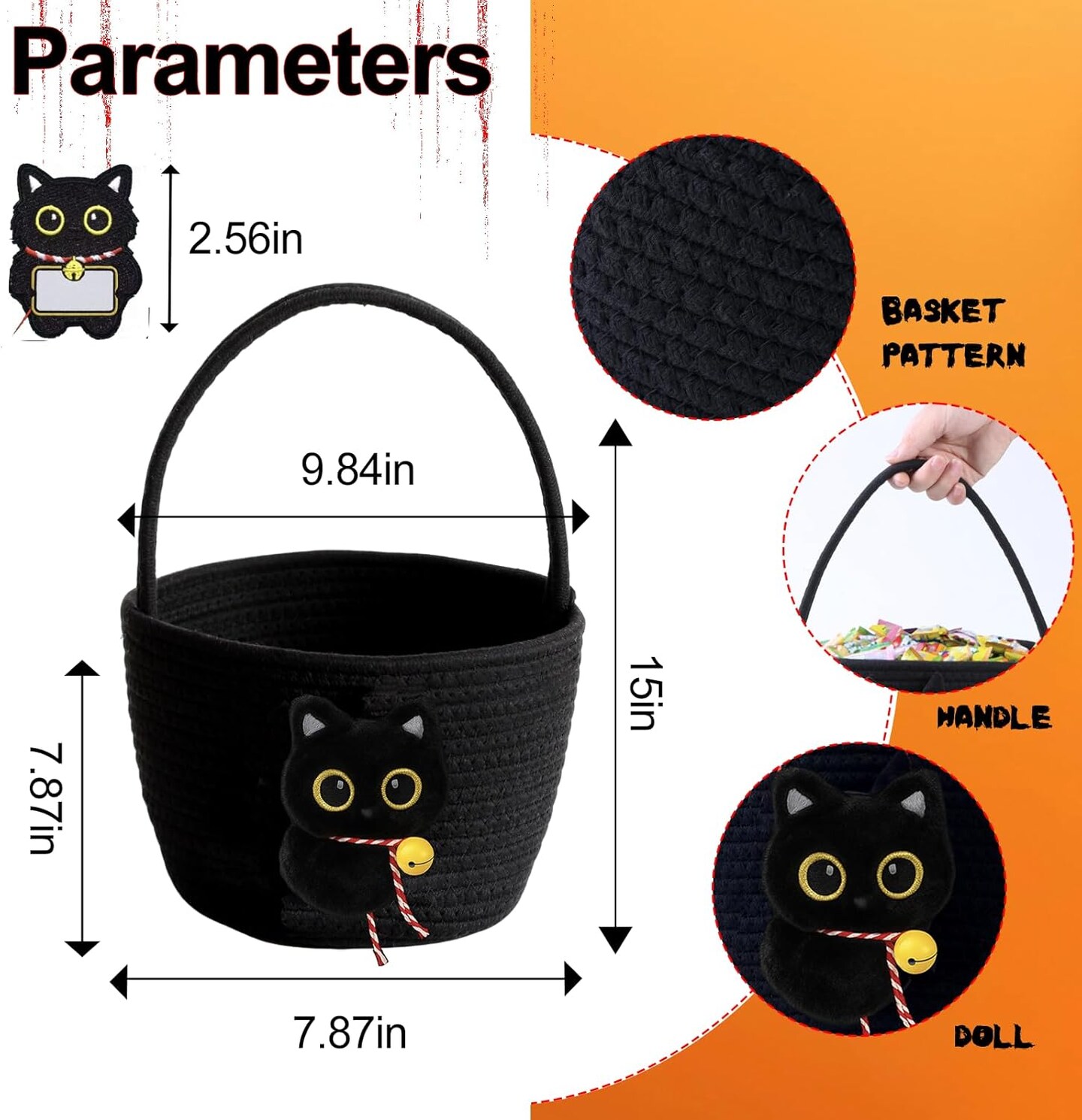 Trick or Treat Bag with Black Cat Bat Halloween Bucket (Black) - ‎8.7 x 8.7 x 6.3 inches