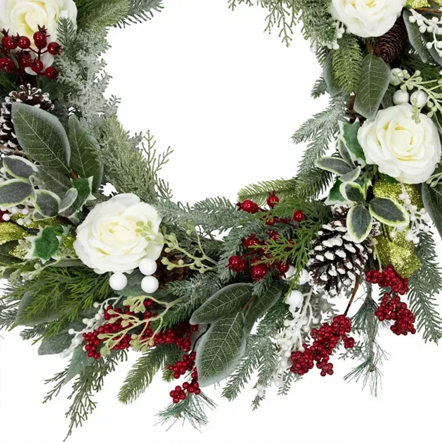30&#x201D; Mixed Foliage &#x26; Rose Artificial Christmas Wreath