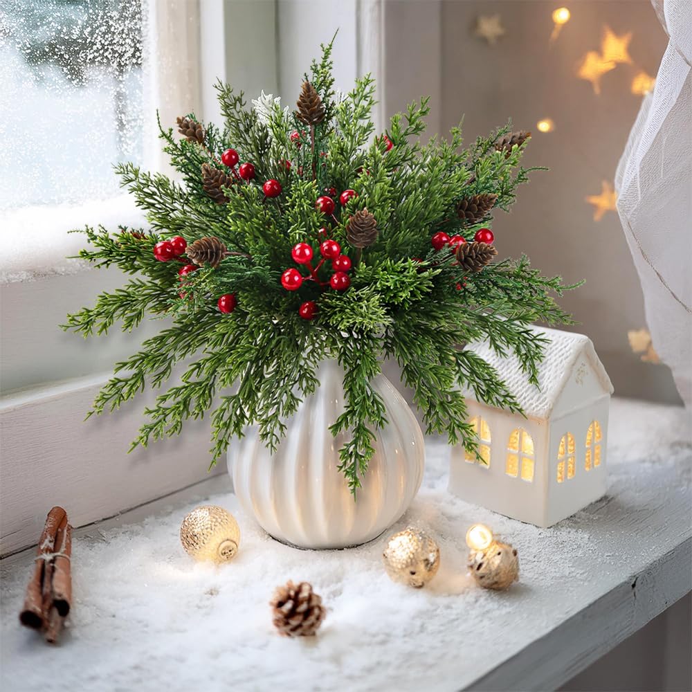 60 Pcs Christmas Artificial Pine Branches Red Berry Stems and Pine Cones (Green and Red) 3.9&#x22;D x 11.8&#x22;W x 4.3&#x22;H