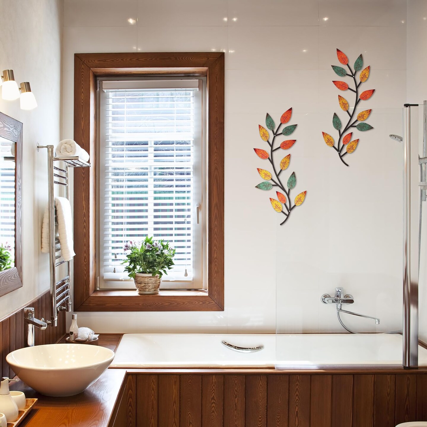 2 Pieces Metal Tree Leaf Wall Decor Vine Olive Branch Leaf Wall Art Living Room, Hallway Wall Decor Outdoor Decoration(Lively Colors)