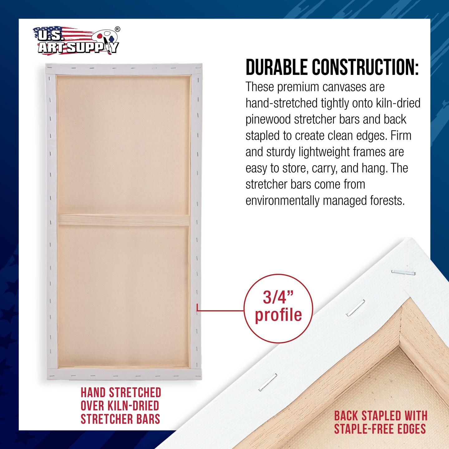 24 x 48 inch Stretched Canvas 12-Ounce Triple Primed, 3-Pack - Professional Artist Quality White Blank 3/4&#x22; Profile, 100% Cotton, Heavy-Weight Gesso