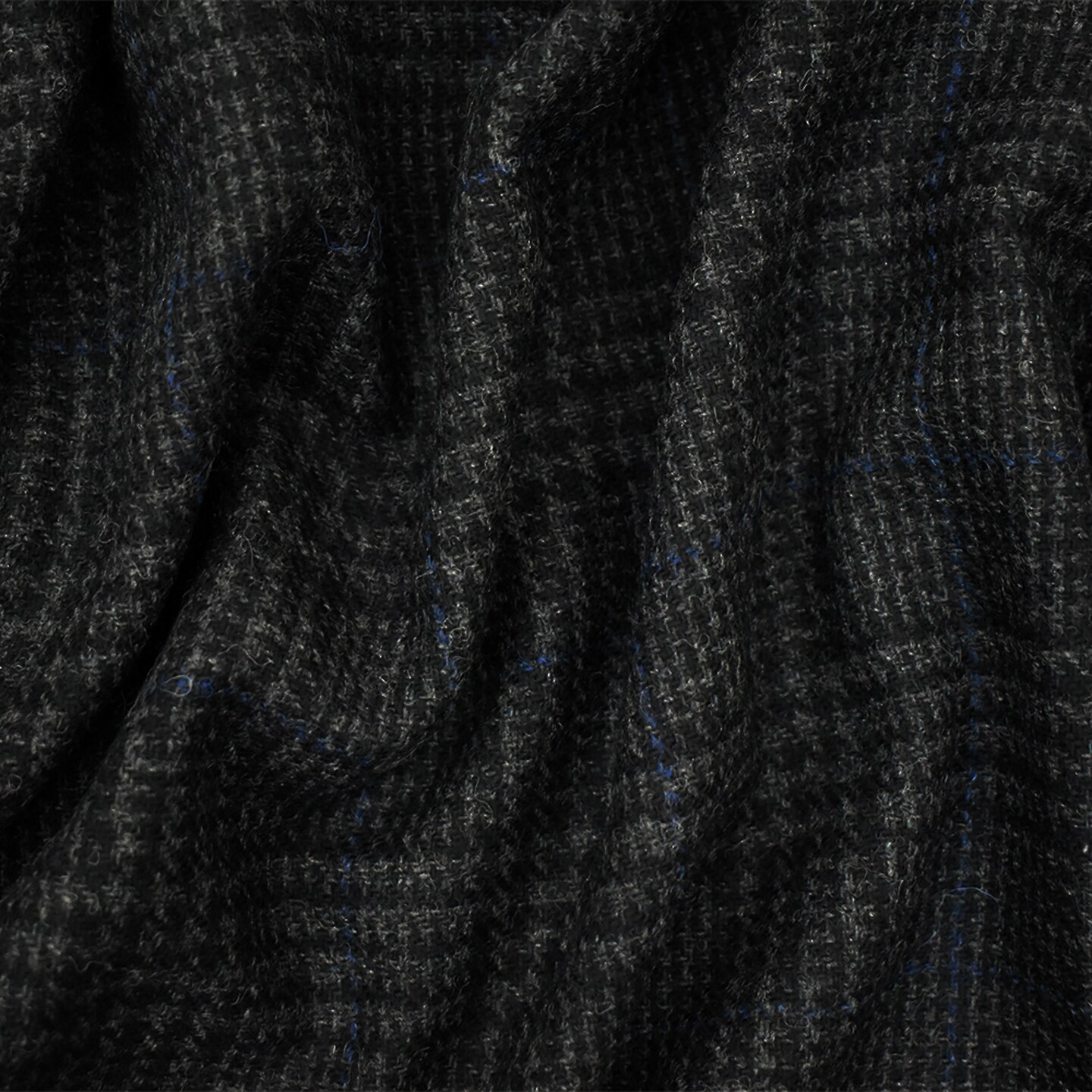 Black-Gray-Blue Wool Blend Glen Plaid Check Jacketing Woven Fabric By the Yard