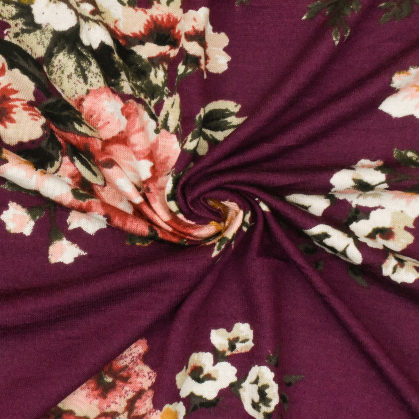 Raspberry Red-Pink-Multi Floral Printed Stretch Rayon Jersey Knit Fabric By the Yard